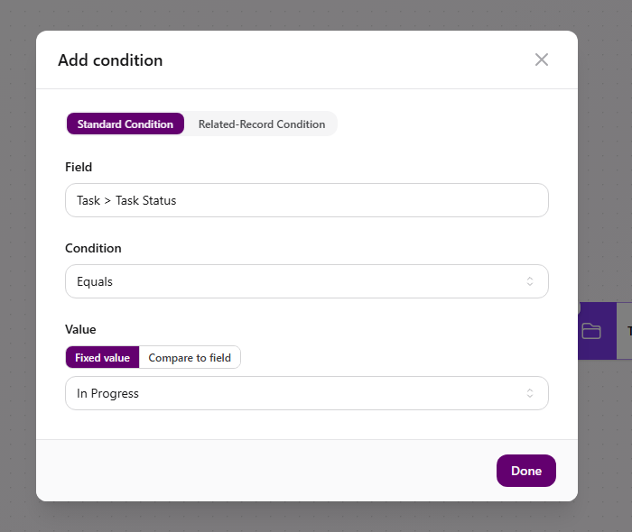 Add condition dialog for a Task Stage Changed trigger with Task Status, Equals, and In Progress configured