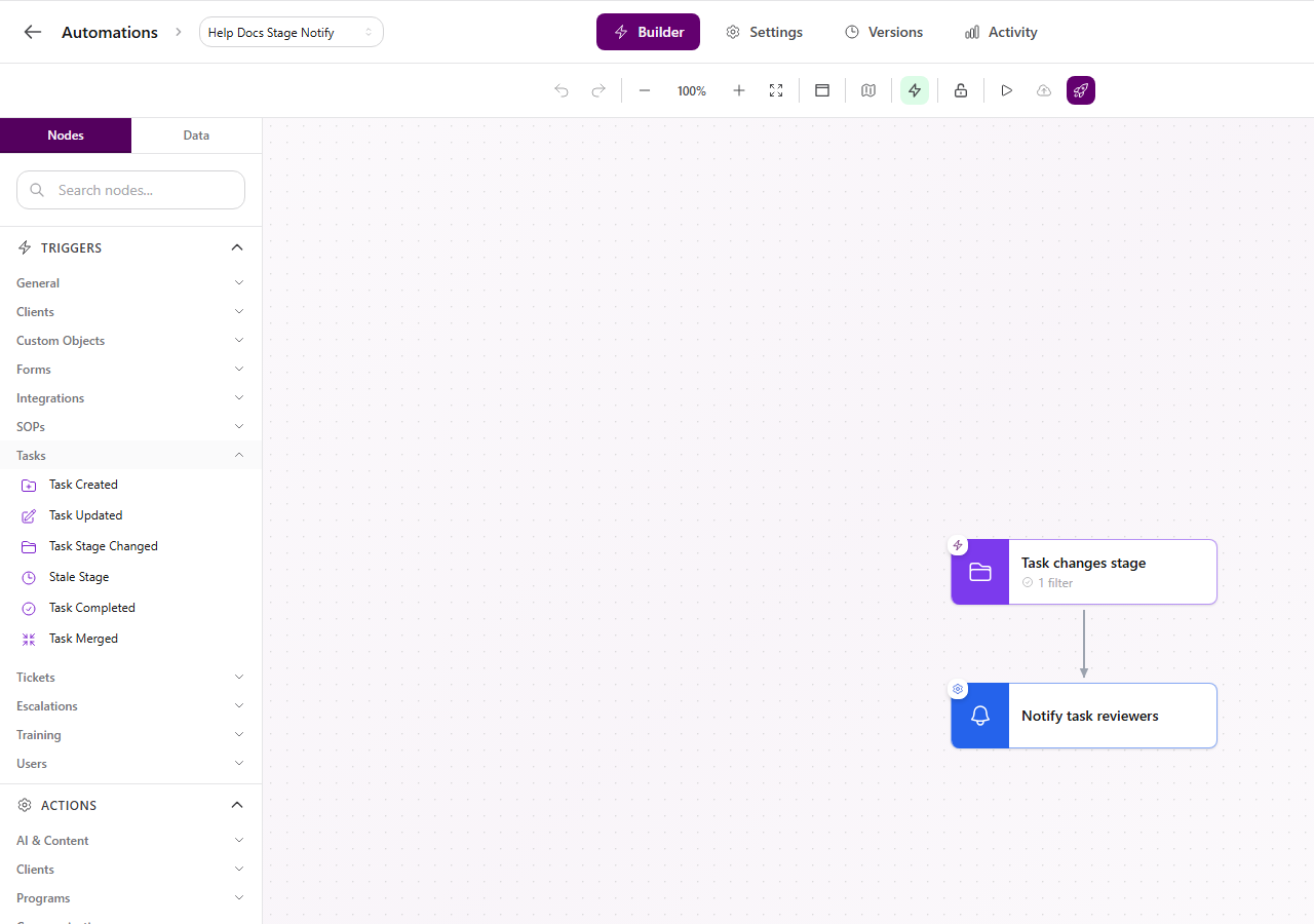 Published automation builder with the Tasks trigger category expanded to show the available task event triggers