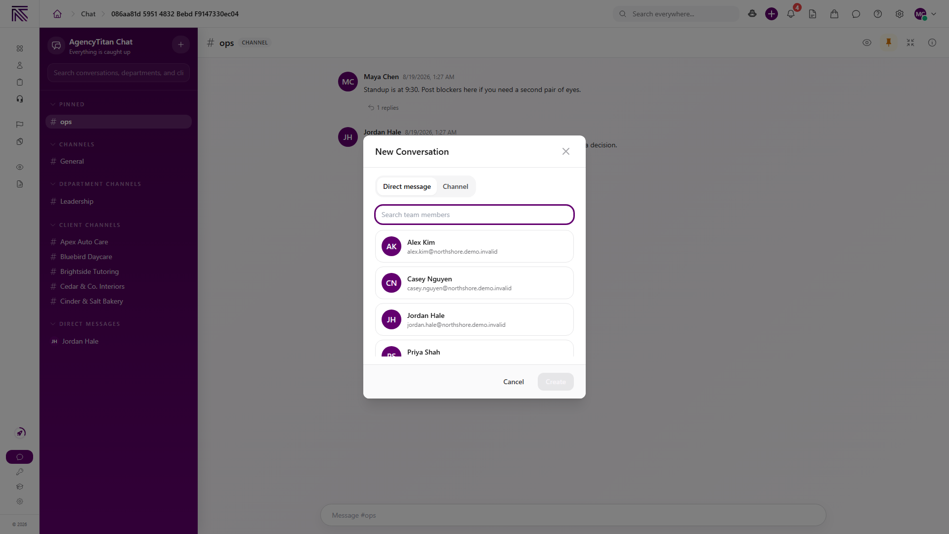 New Conversation modal with Direct message selected and a team member search field
