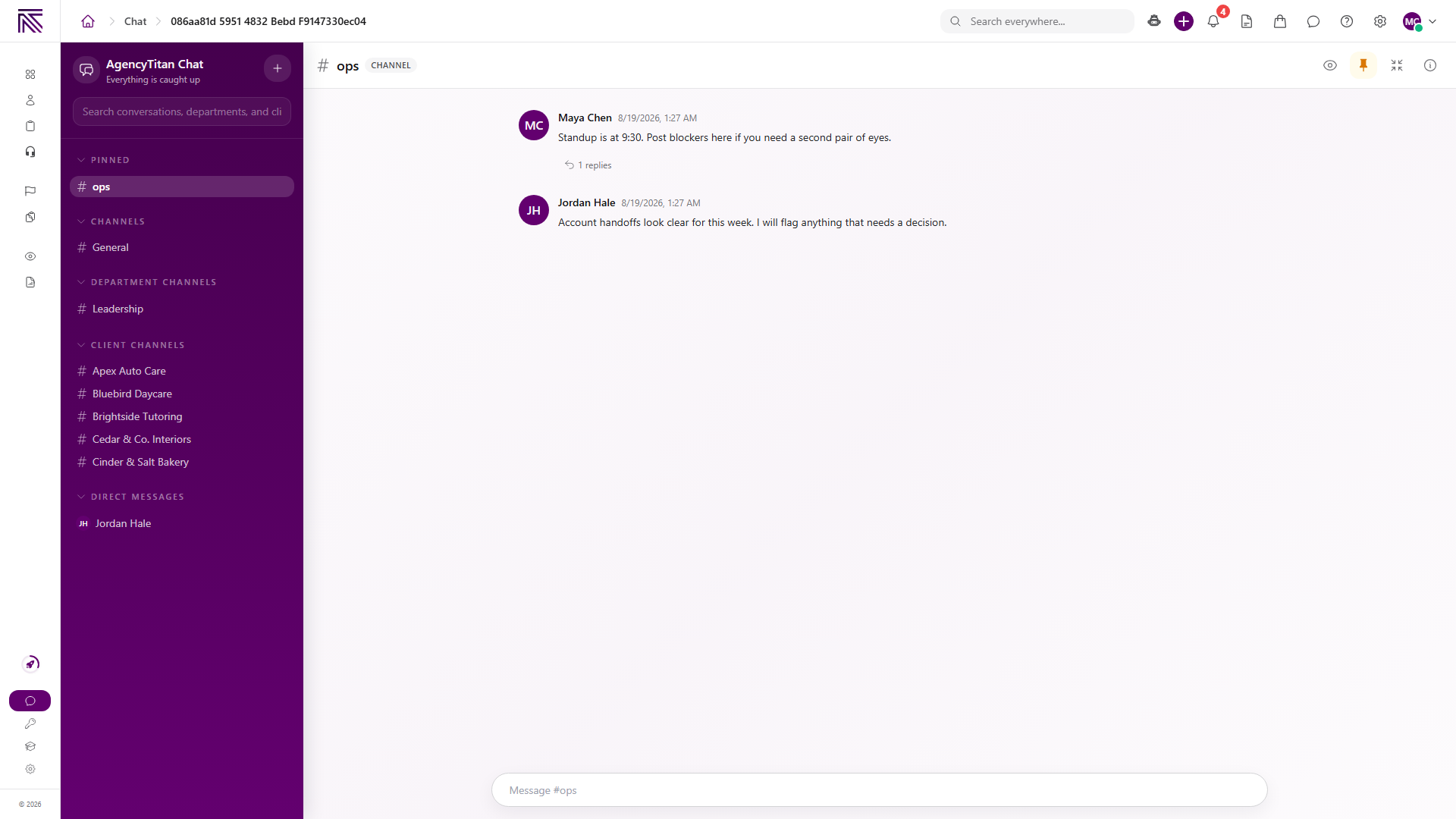Chat workspace with the conversation list on the left and an open channel timeline