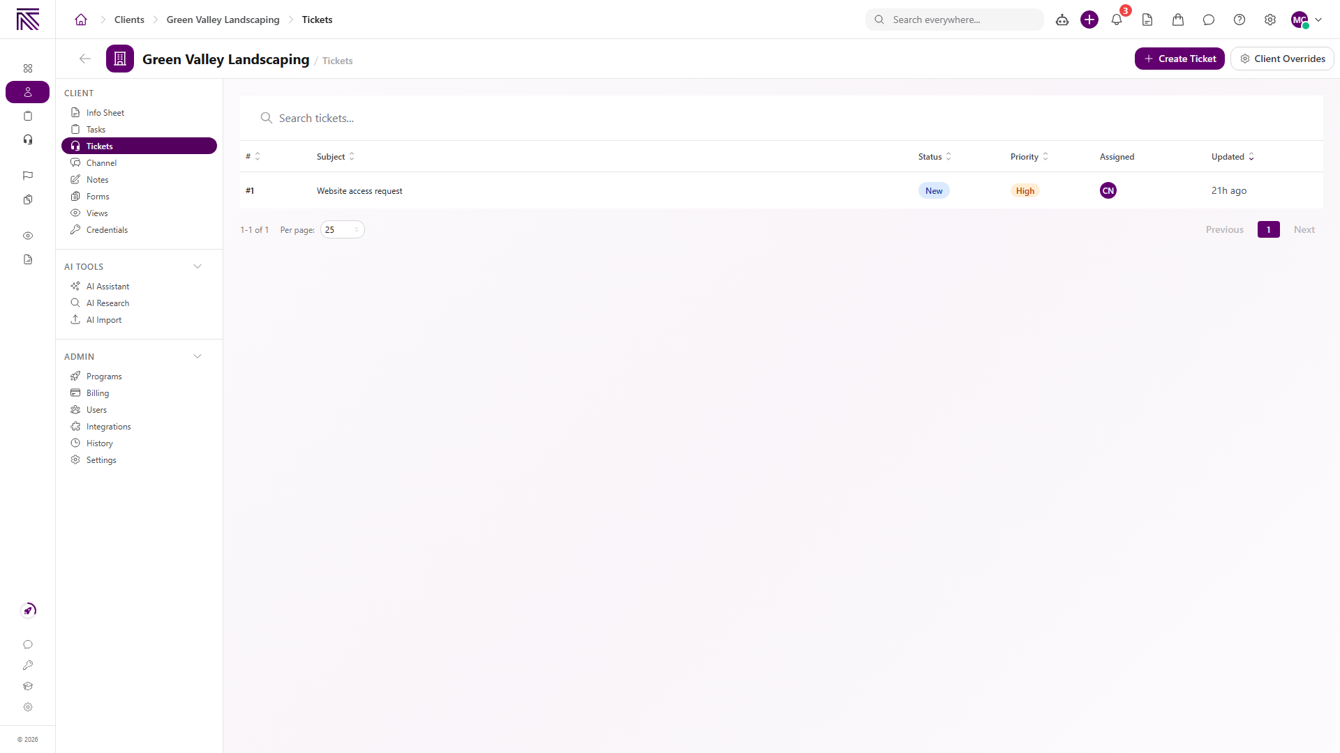 Client Tickets view with Tickets selected and a linked ticket listed by subject, status, priority, and assignee