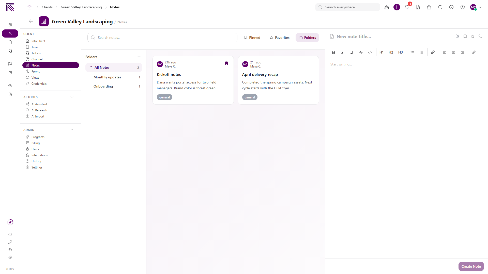 Client Notes page with search, Pinned, Favorites, and Folders controls, folder navigation, a note list, and the rich-text note editor