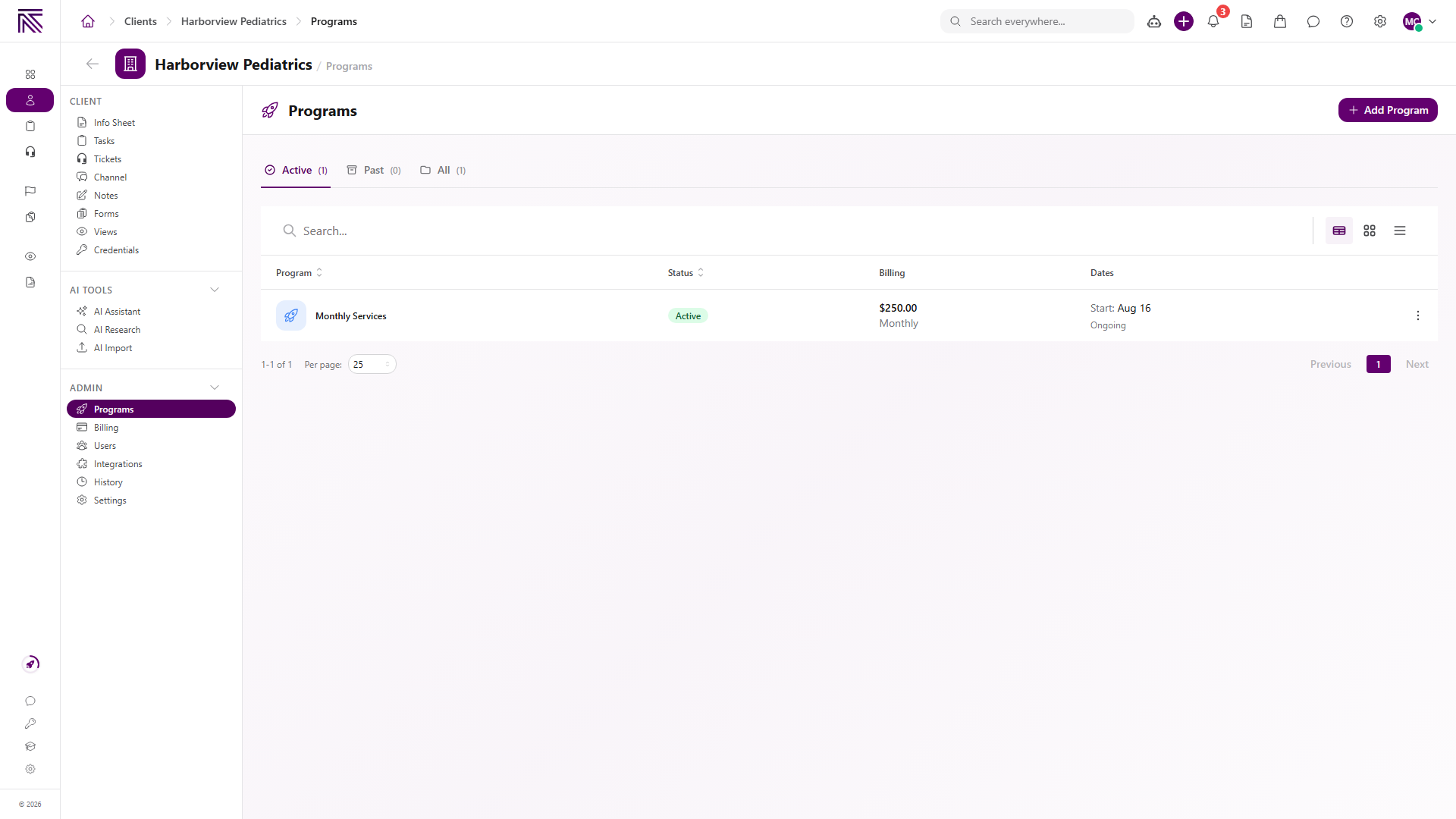 Client Programs page with one active program showing Active status, monthly billing amount, start date, and ongoing end state