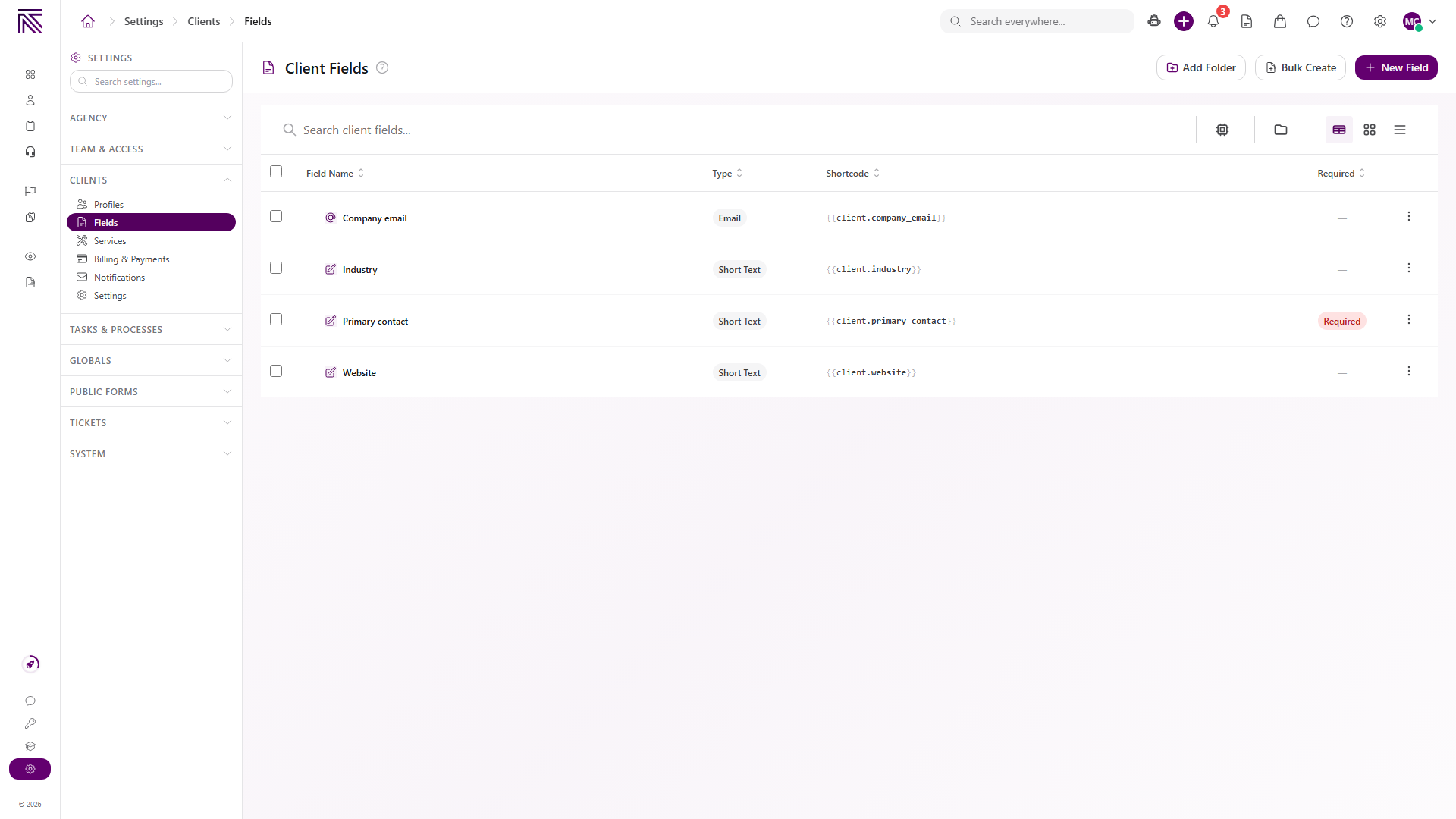 Client Fields page header with Add Folder, Bulk Create, New Field, search, and table columns Field Name, Type, Shortcode, and Required