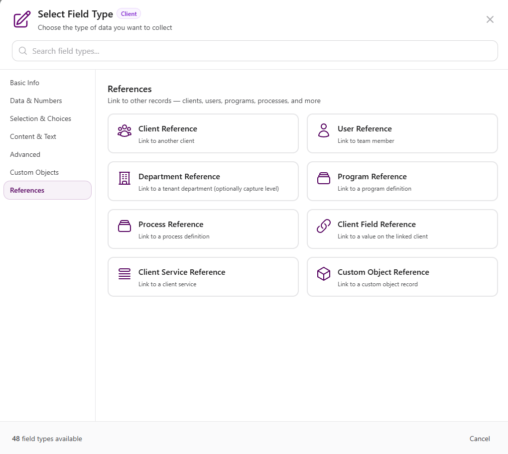 Select Field Type modal with References selected showing client, user, department, program, task, client field, client service, and custom object choices