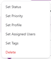Clients list toolbar showing 2 selected count, Actions menu open, and Delete shown in red at the bottom