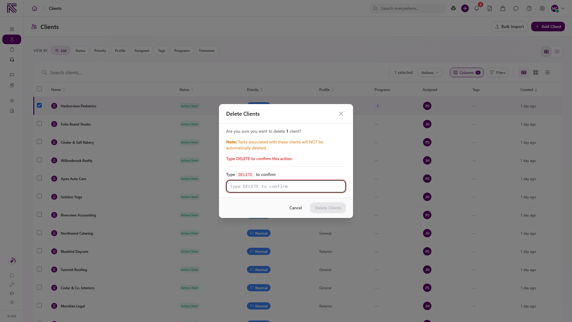 Delete Clients modal for two clients with amber tasks note, empty confirmation field, Cancel button, and disabled Delete Clients button