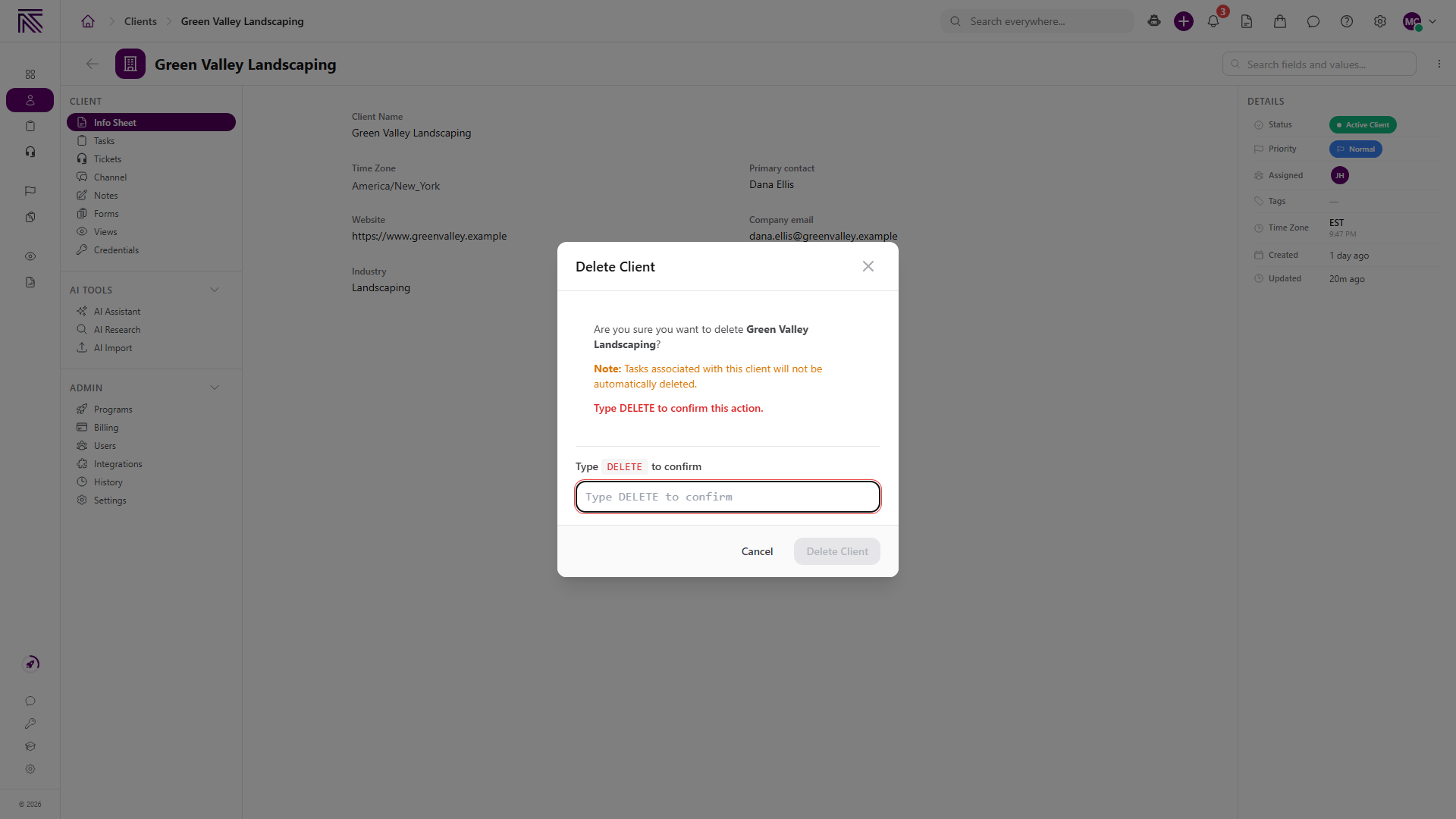 Delete Client modal with amber tasks note, empty Type DELETE confirmation field, Cancel button, and disabled Delete Client button