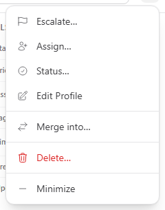 Client record header More actions menu open with Delete shown in red at the bottom of the menu