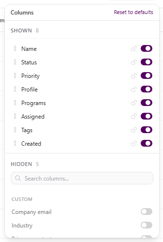 Columns panel open on the Clients list showing Shown toggles for Name, Status, Priority, Profile, Programs, Assigned, Tags, and Created