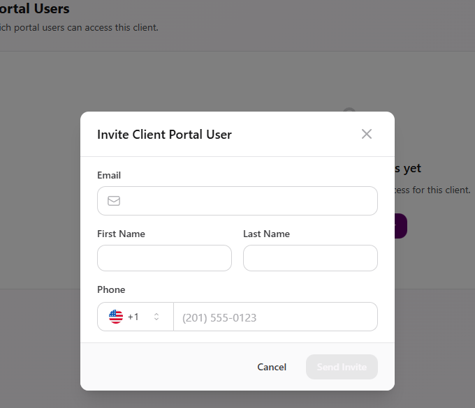 Invite Client Portal User modal with empty Email, First Name, Last Name, and Phone fields plus Cancel and disabled Send Invite footer buttons