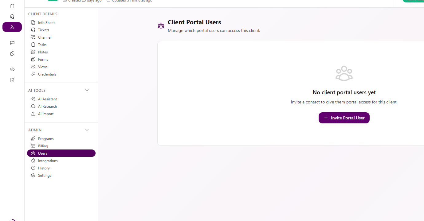 Client Portal Users page with Users selected in the client navigation, empty state message, and Invite Portal User button