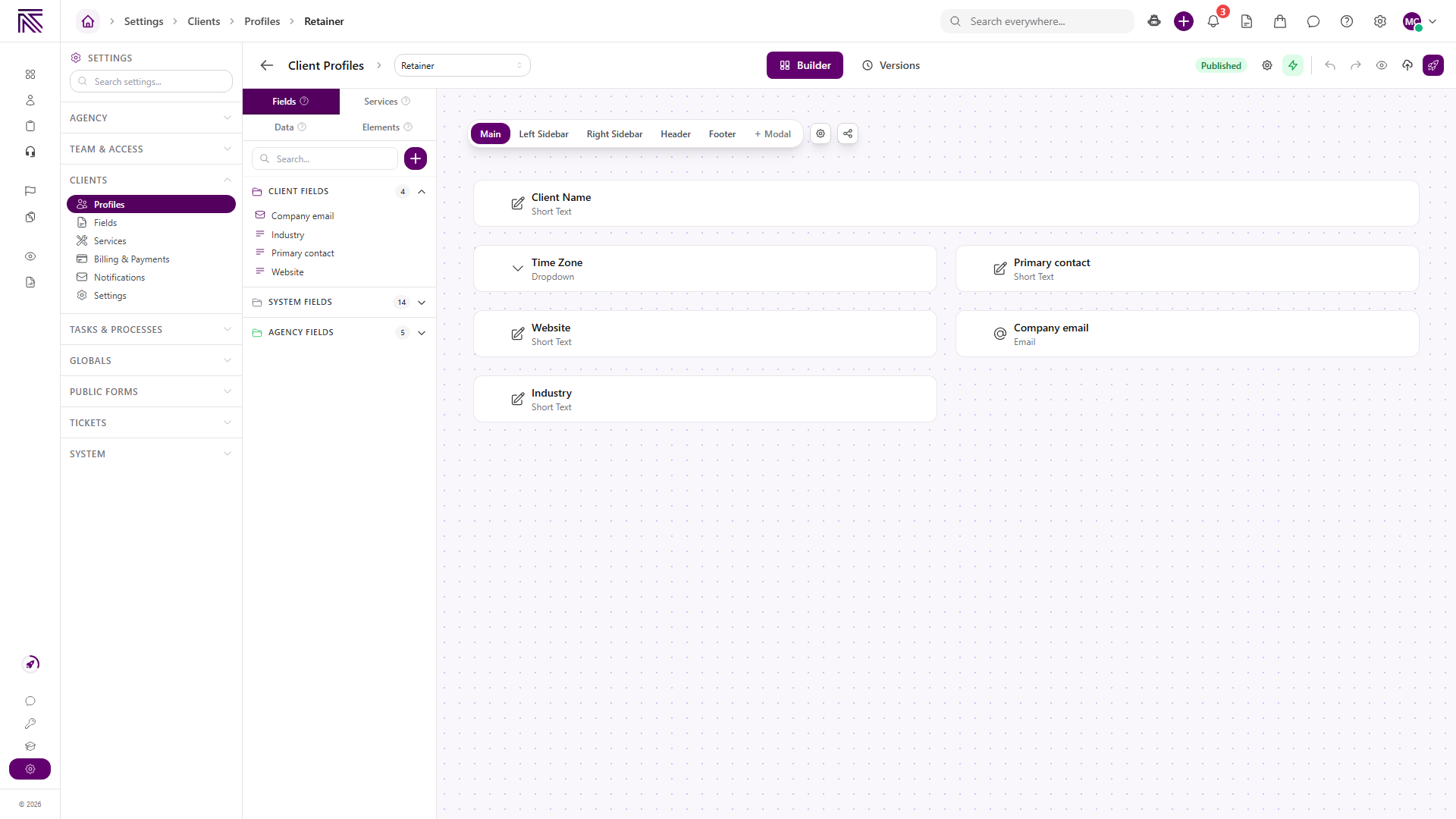 Clients list Profile column with Change profile picker open showing Search field and profile options such as Lawn and Landscape with a checkmark on the current selection