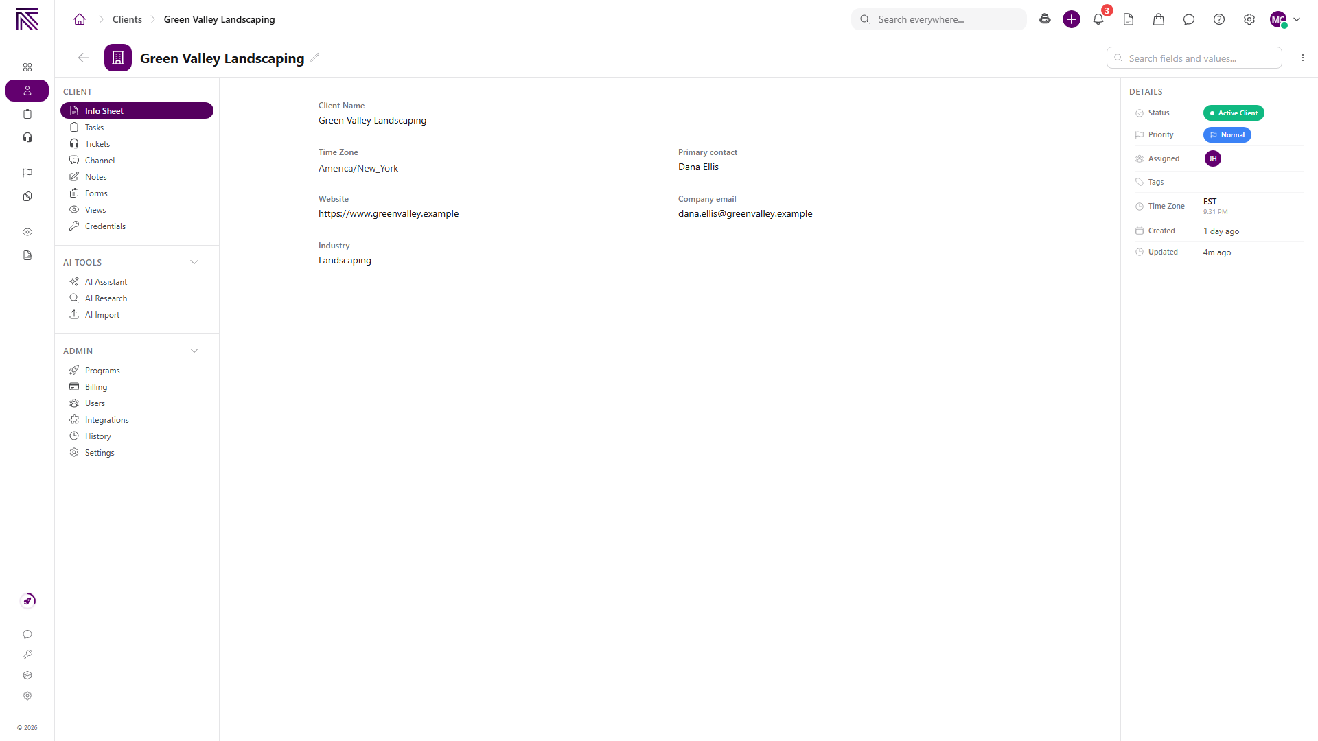Info Sheet General Information section with Edit value, Copy value, and View field history icons visible beside Client Name on hover