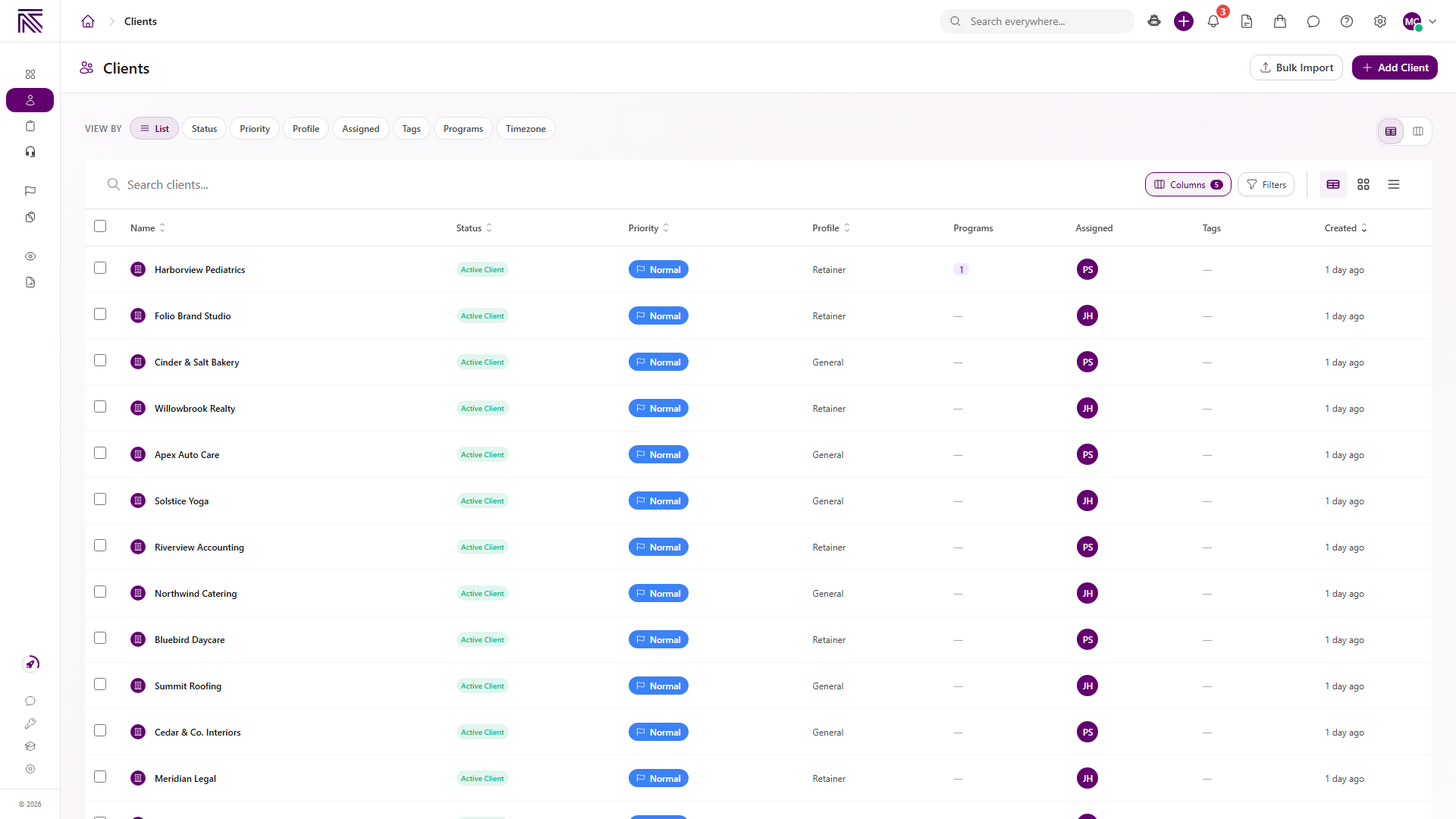 Clients list table showing Status, Priority, Profile, Tags, and Assigned columns with inline controls on client rows