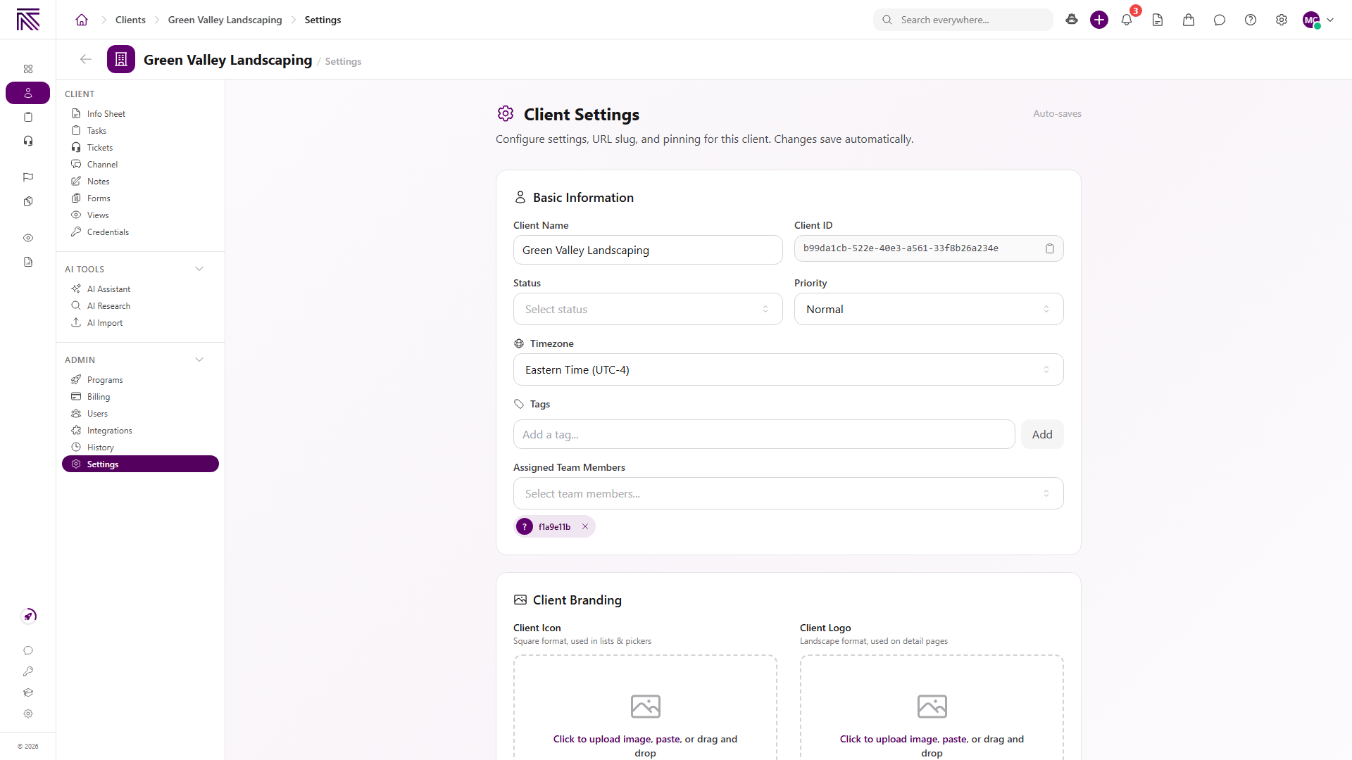 Client Settings showing Client Branding upload areas, Pretty URL Slug field, and Pin for Me and Pin for Everyone buttons