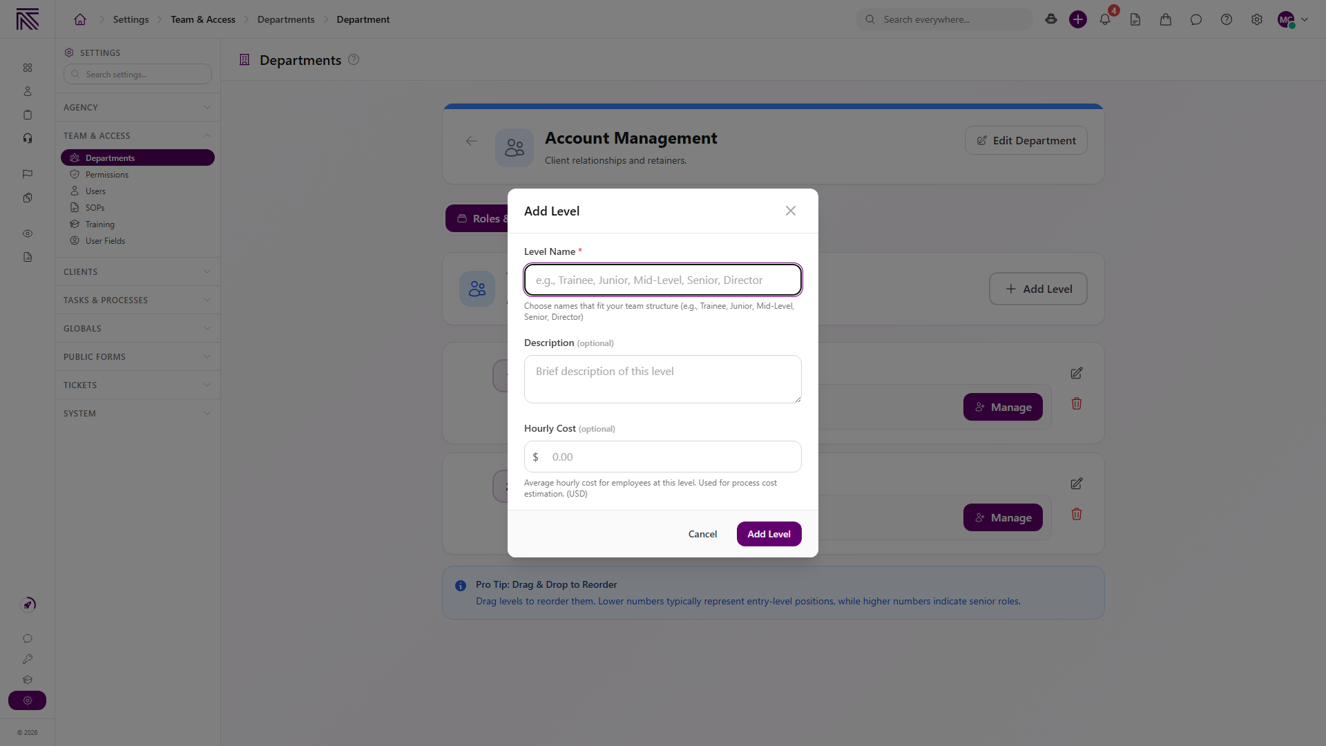 Add Level modal with Level Name, Description, Hourly Cost, and Add Level