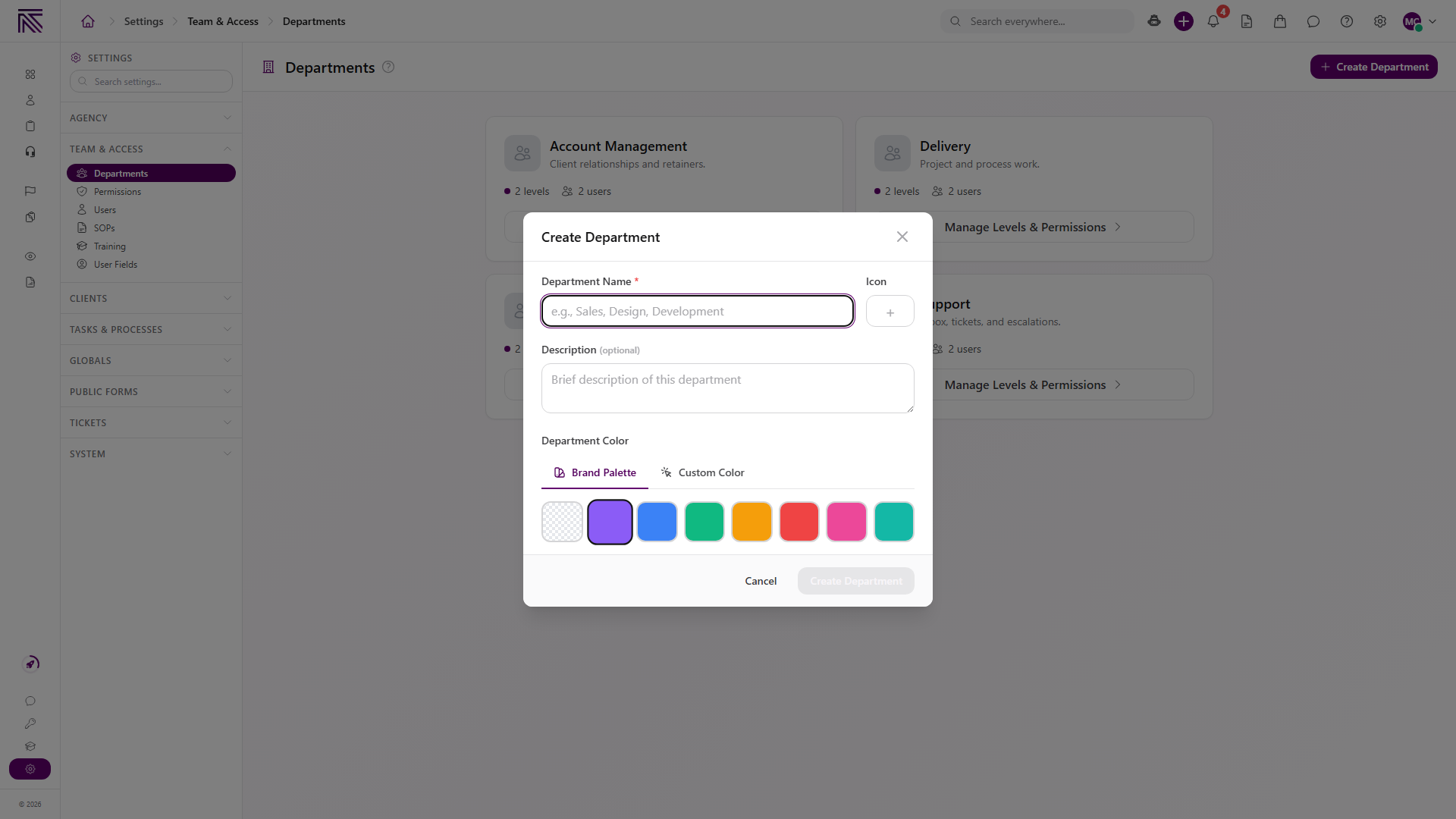 Create Department modal with Department Name, Icon, Description, Department Color, and Create Department