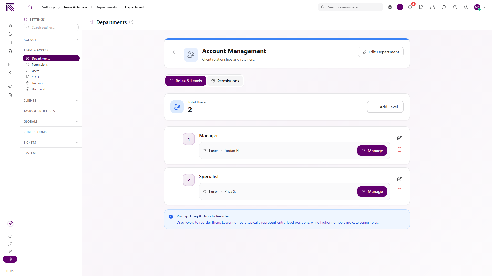 Department detail on the Roles and Levels tab showing Total Users, Add Level, and level cards