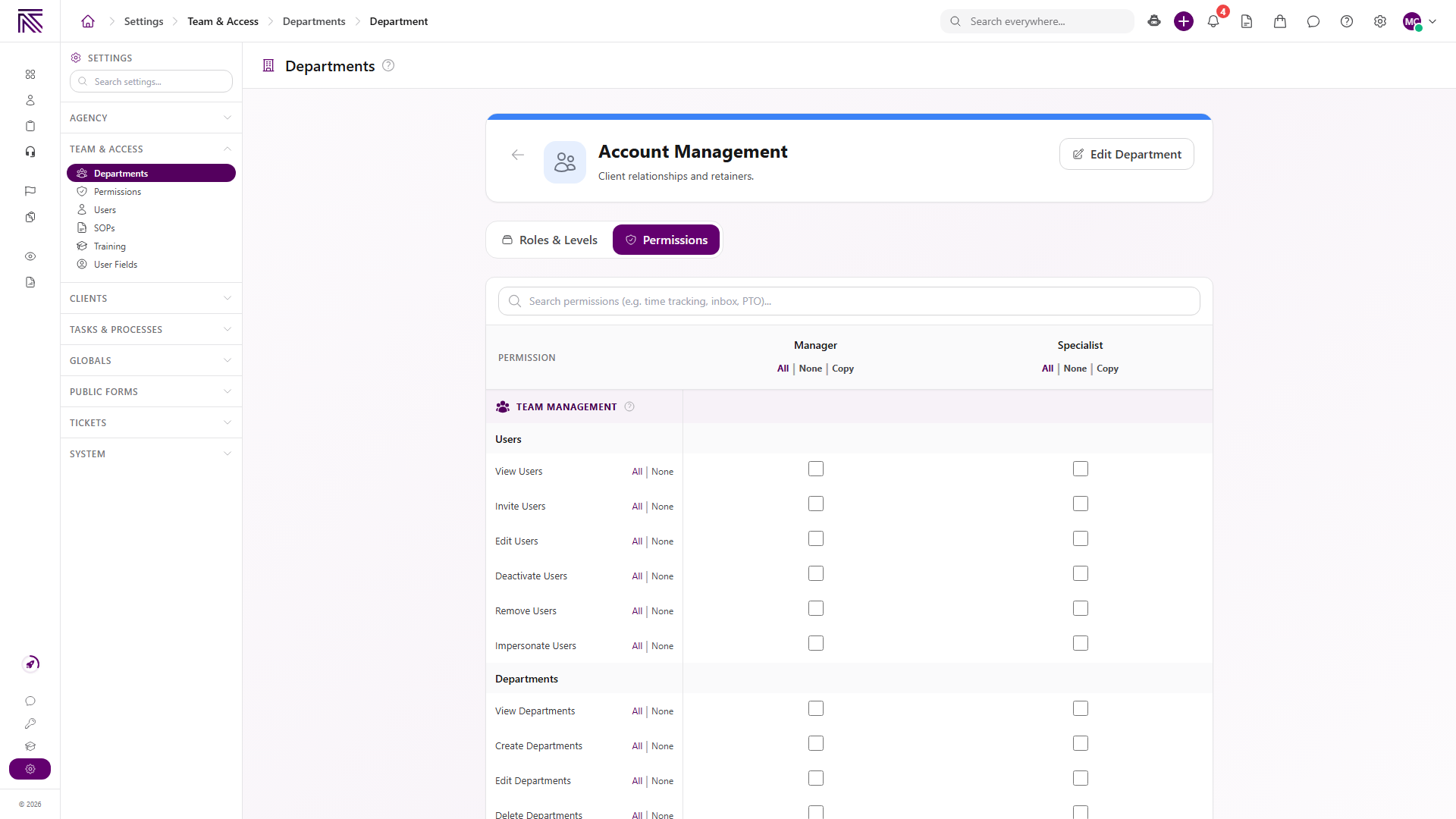 Department Permissions tab with Search permissions and a matrix of permission rows by level