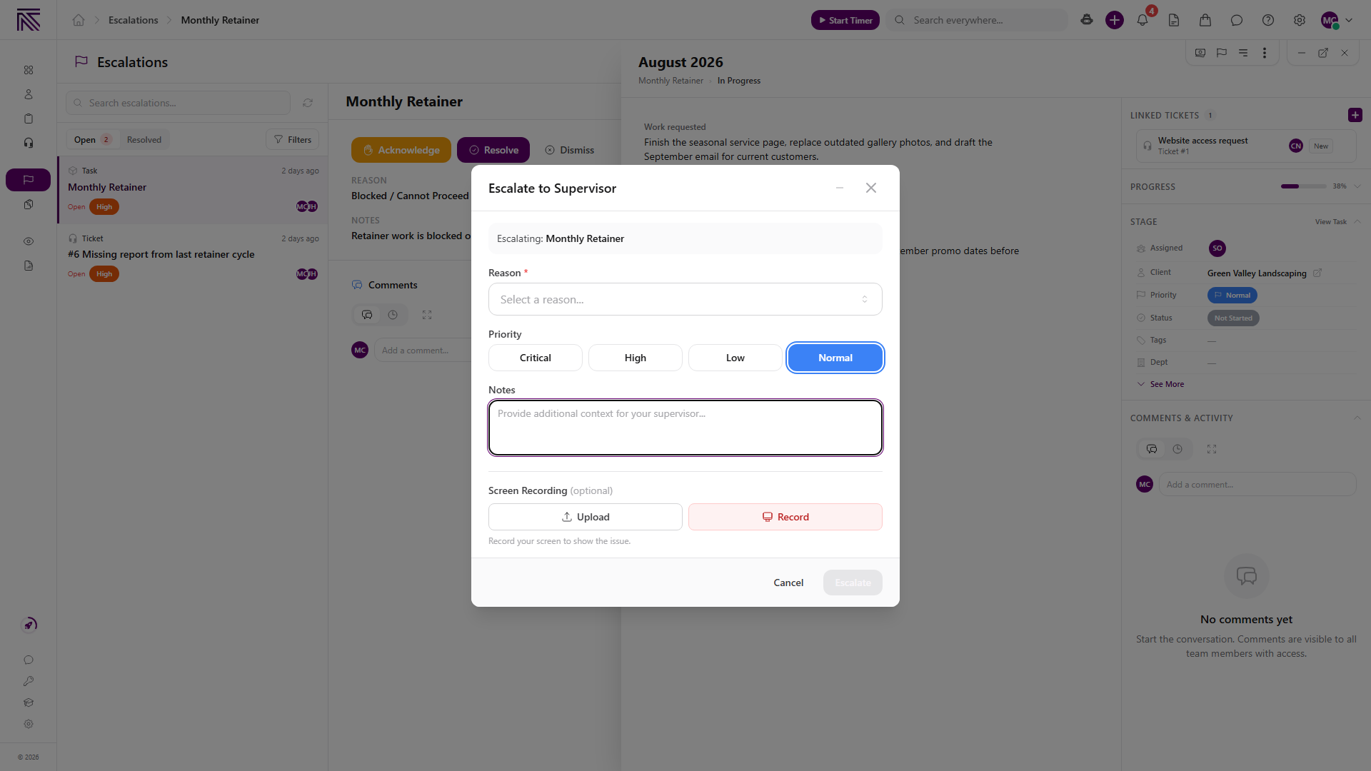Escalate to Supervisor modal with Reason, Priority, Notes, and Screen Recording