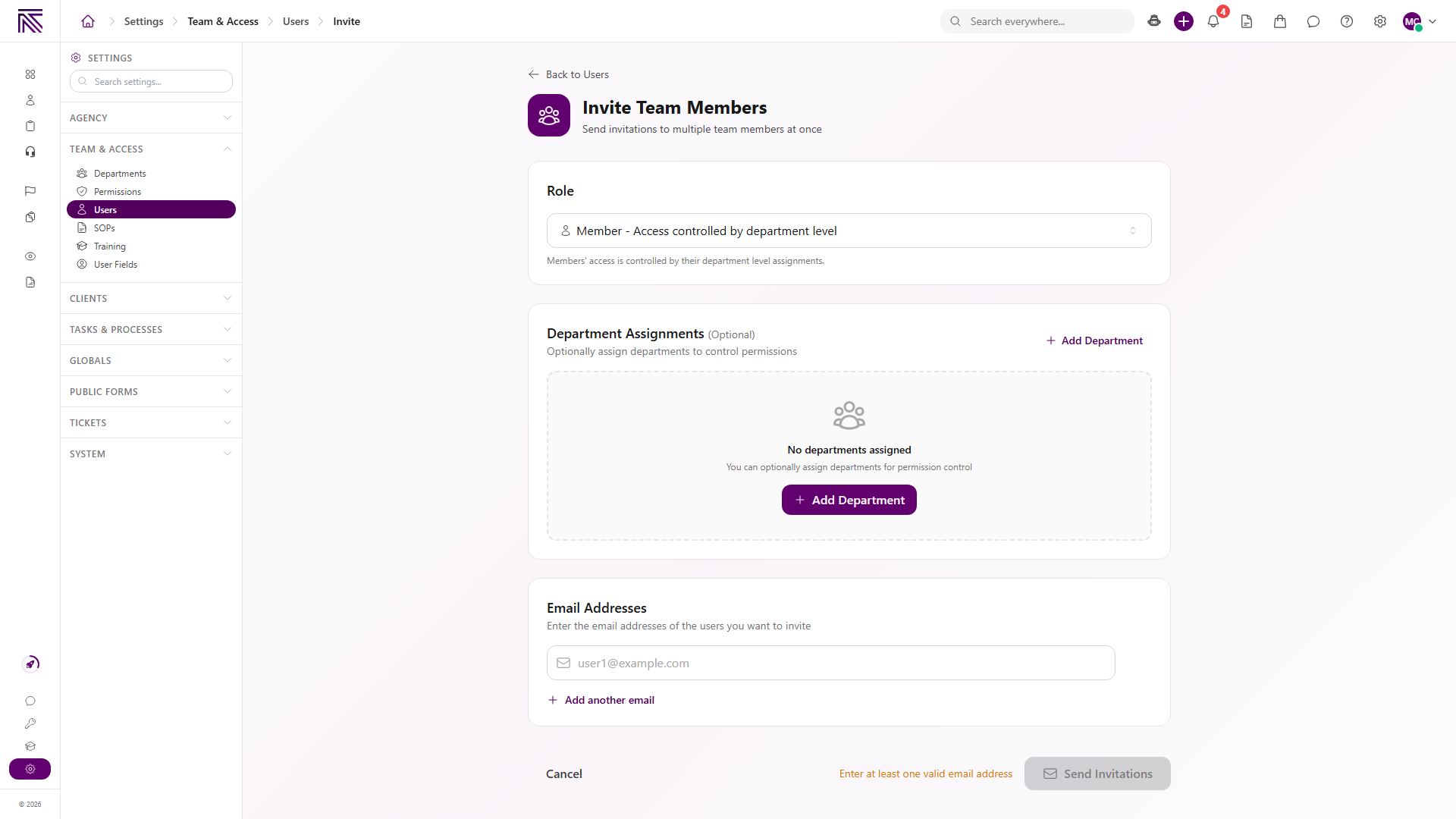 Invite Team Members page with Role set to Member, optional Department Assignments, Email Addresses, Cancel, and disabled Send Invitations