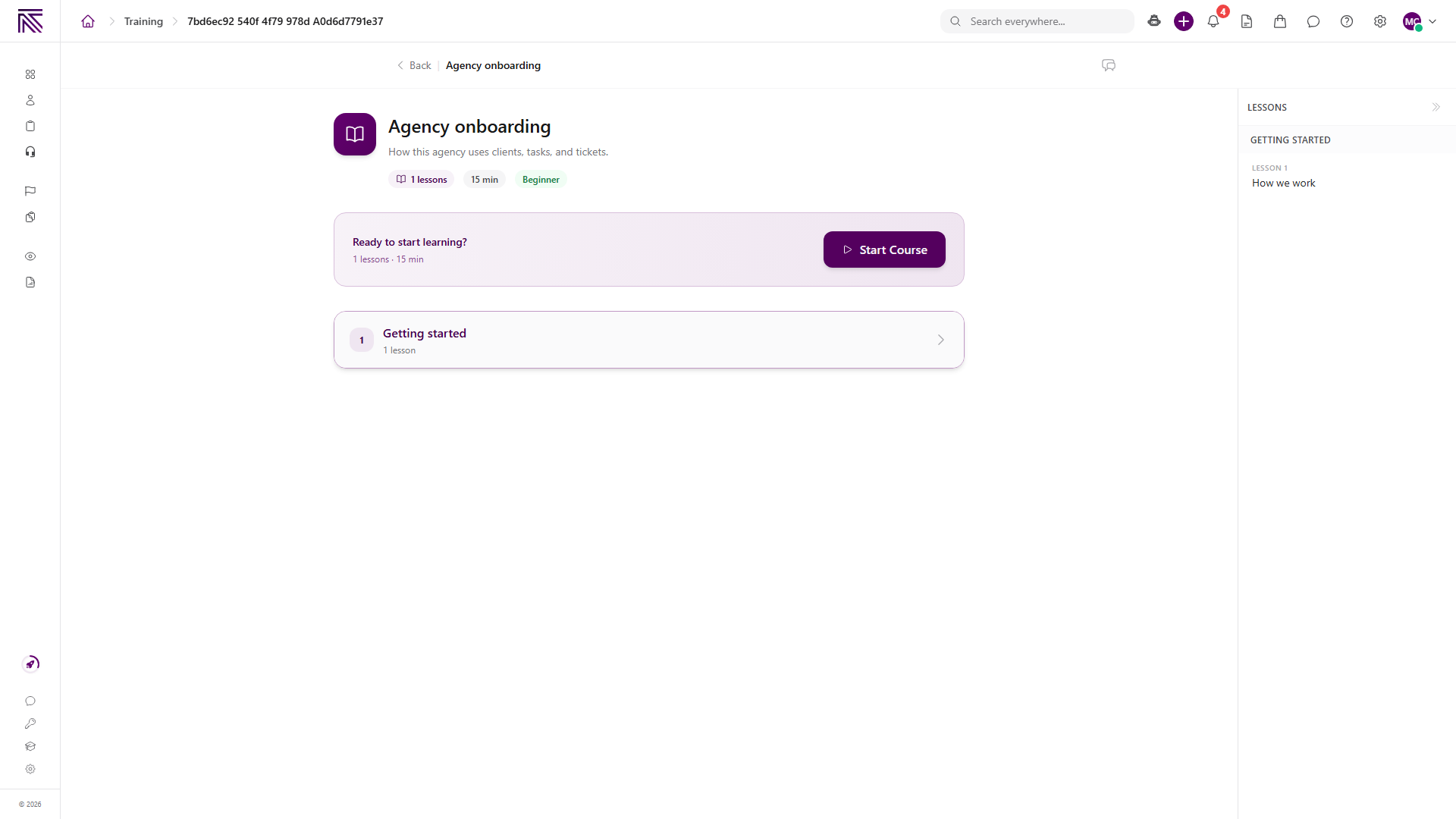 Training course page with Start Course available