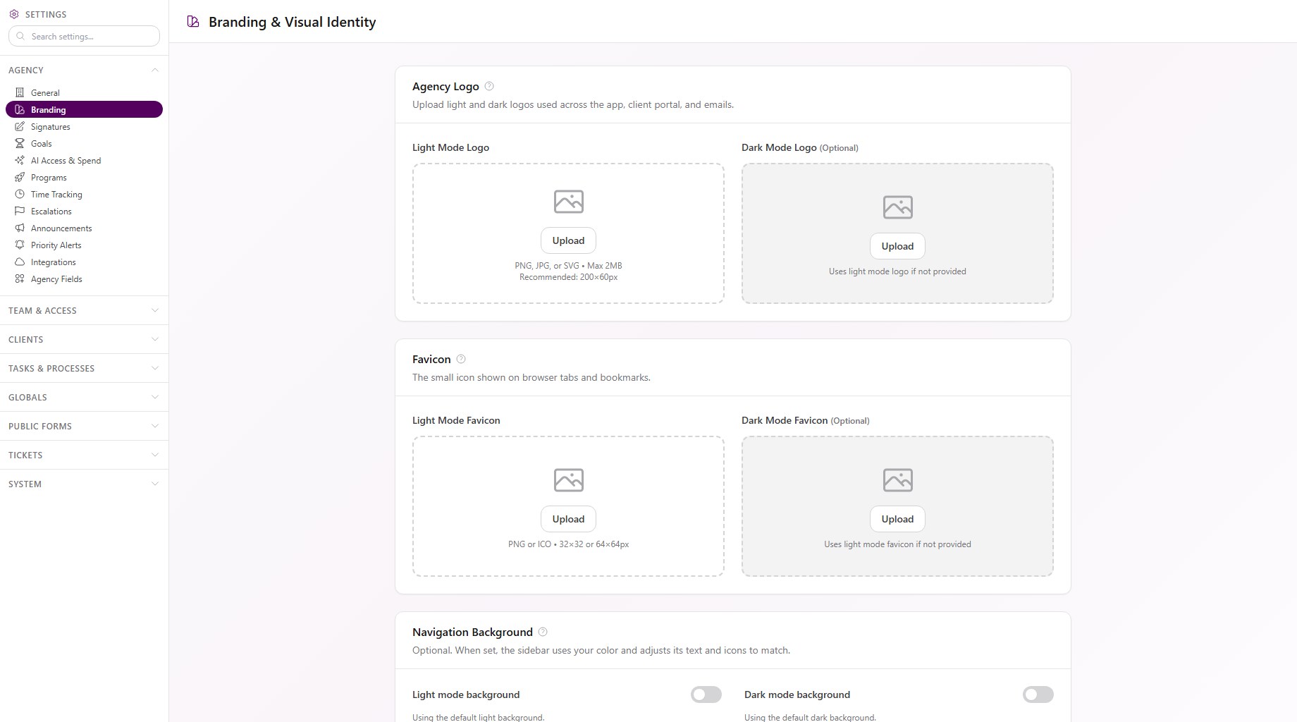 Branding and Visual Identity with upload areas for light and dark logos, light and dark favicons, and Navigation Background controls
