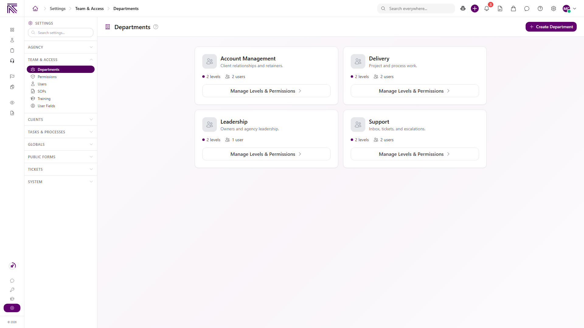 Departments page with department cards showing level and user counts, Manage Levels and Permissions, and Create Department