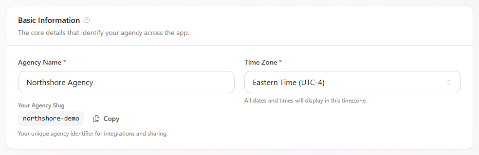 Agency General Settings with agency name, time zone, agency slug, contact information, business address, and All changes saved