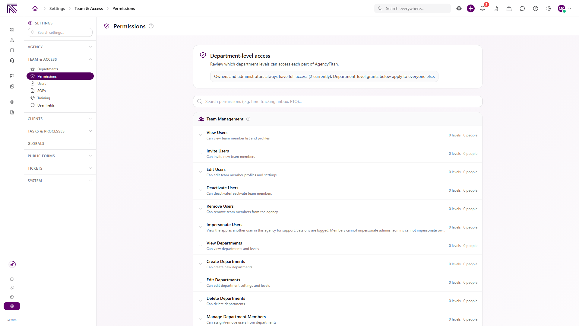 Permissions page explaining department-level access and listing Team Management permissions such as viewing, inviting, editing, deactivating, and removing users