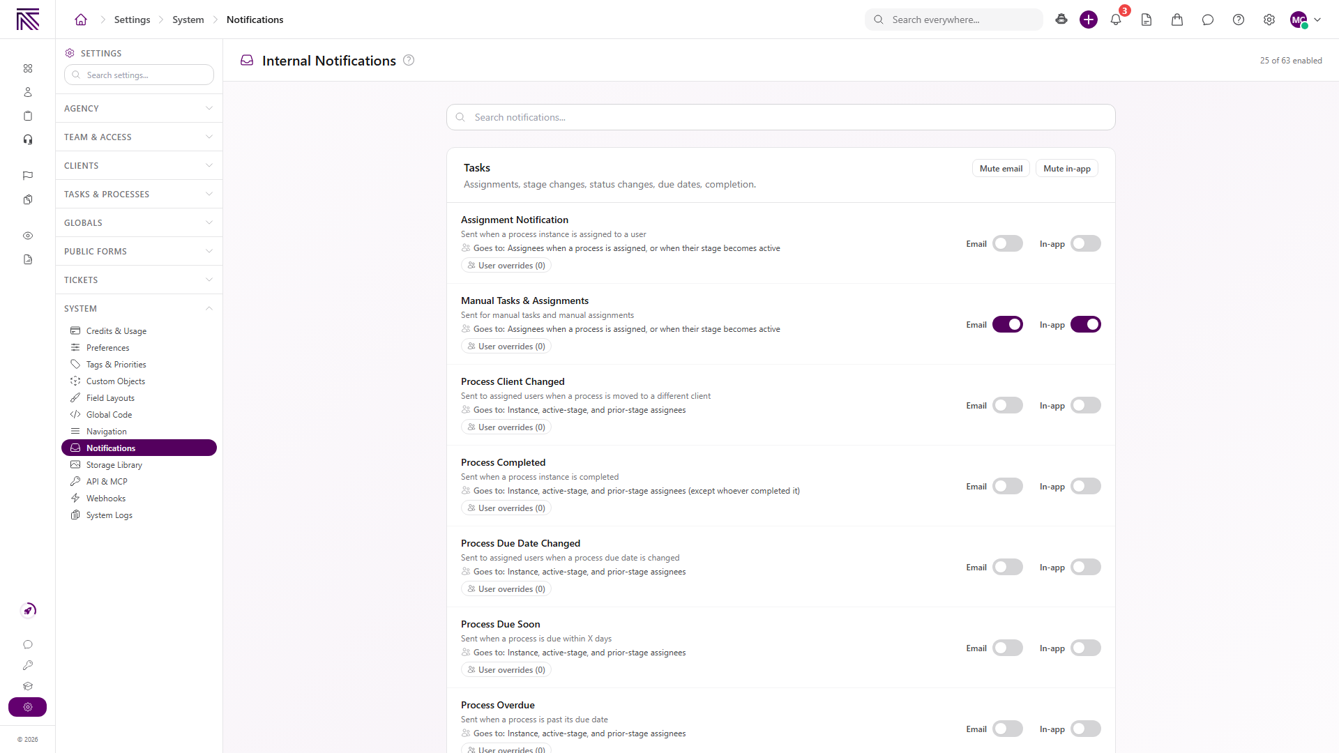 Internal Notifications settings with search, a Tasks category, category mute controls, event descriptions, recipients, and Email and In-app switches