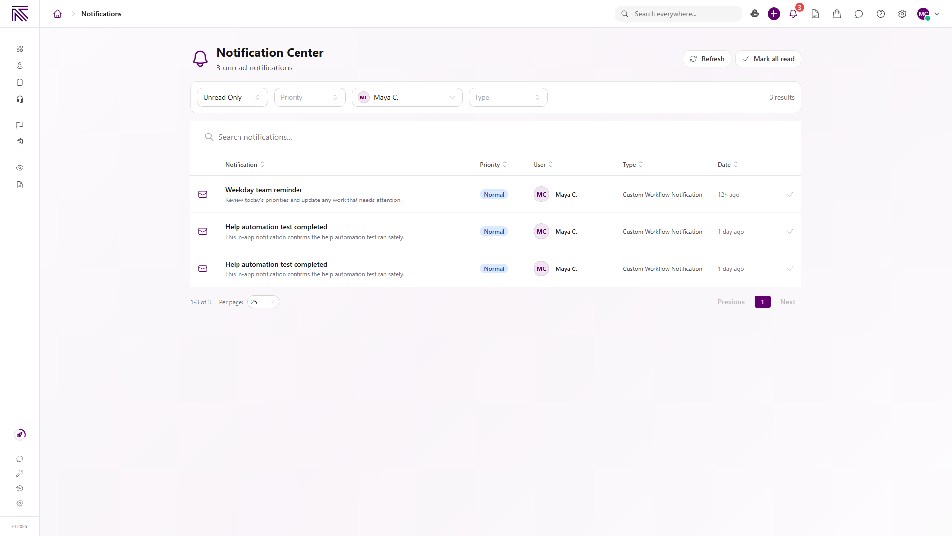 Notification Center with unread count, Refresh, Mark all read, and filters for unread state, priority, user, and type