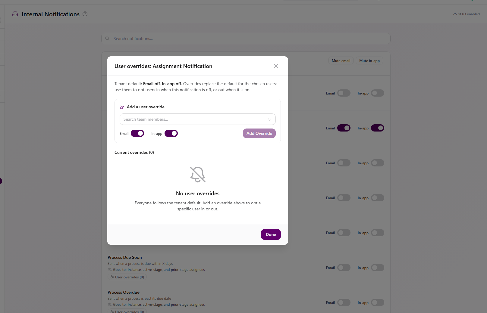 User overrides dialog with agency-wide Email and In-app defaults, team member search, channel switches, Add Override, and current overrides