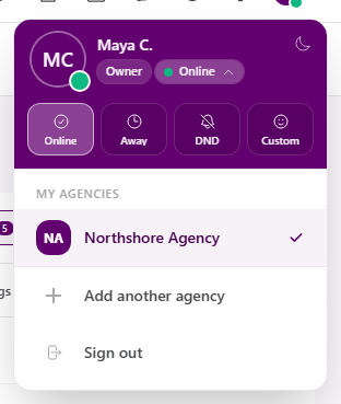 Expanded personal availability controls with Online, Away, DND, and Custom choices