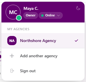 User menu showing the current user, Owner role, Online status, current agency, Add another agency, and Sign out