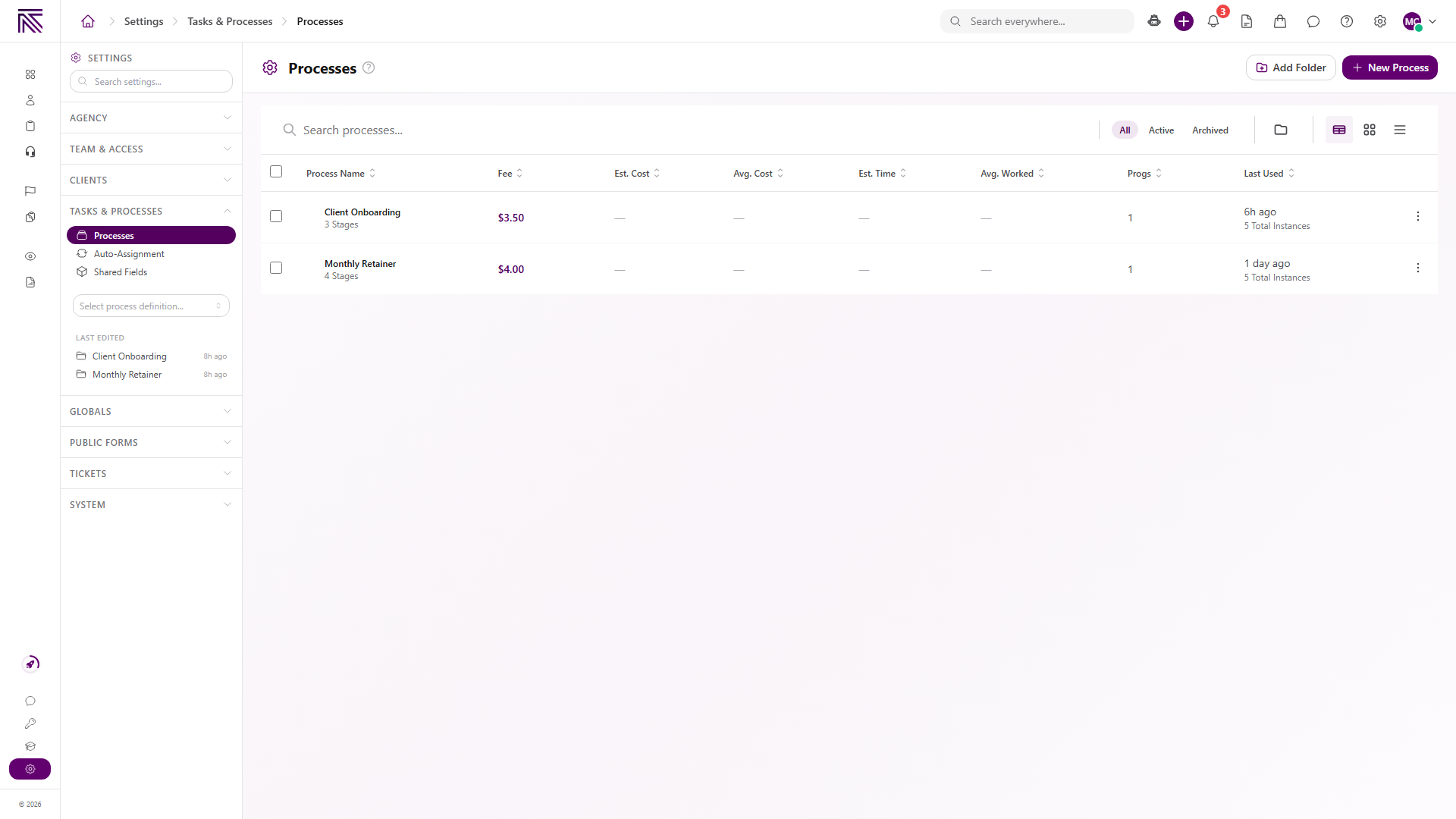 Processes settings list with search, All Active and Archived filters, Add Folder, New Process, process rows, and recent definitions in the sidebar
