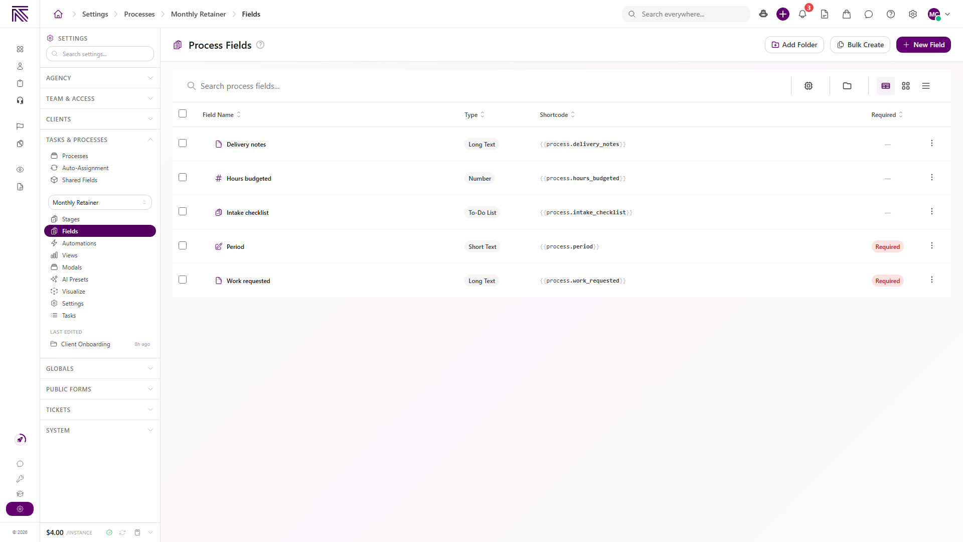 Process Fields list for a retainer process showing field names, types, shortcodes, required flags, and New Field
