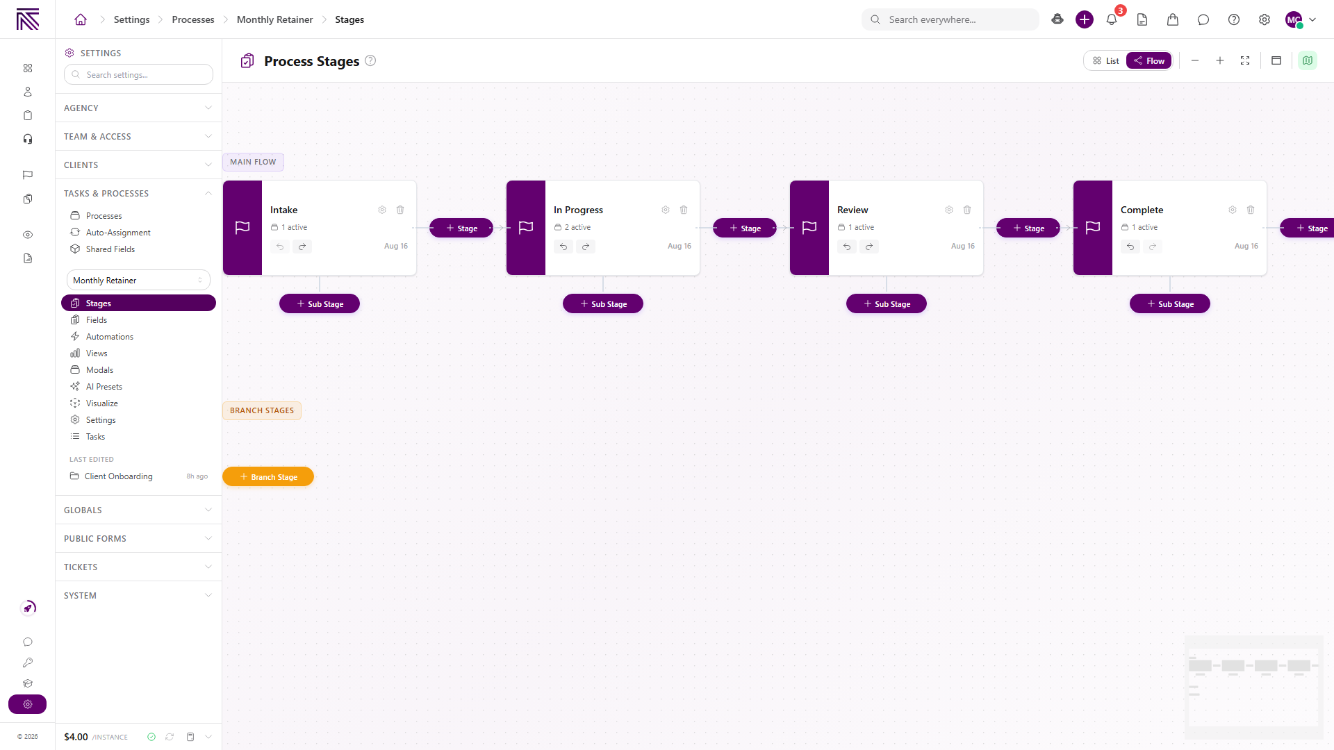 Process Stages in Flow view with two main stages, active task counts, Add Stage and Add Sub Stage controls, and a Branch Stages area