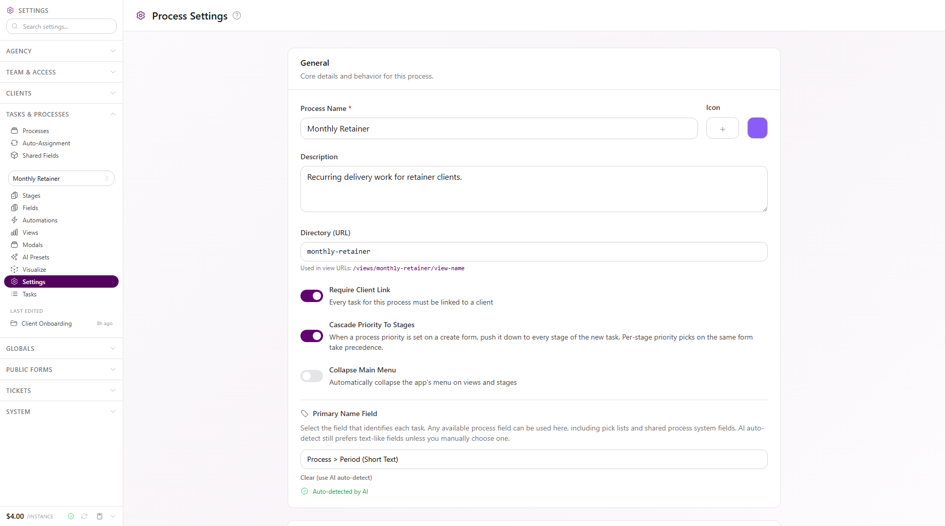 Process Settings with Primary Name Field, Pin for Me and Pin for Everyone, Process Statuses, and Default Sidebar sections