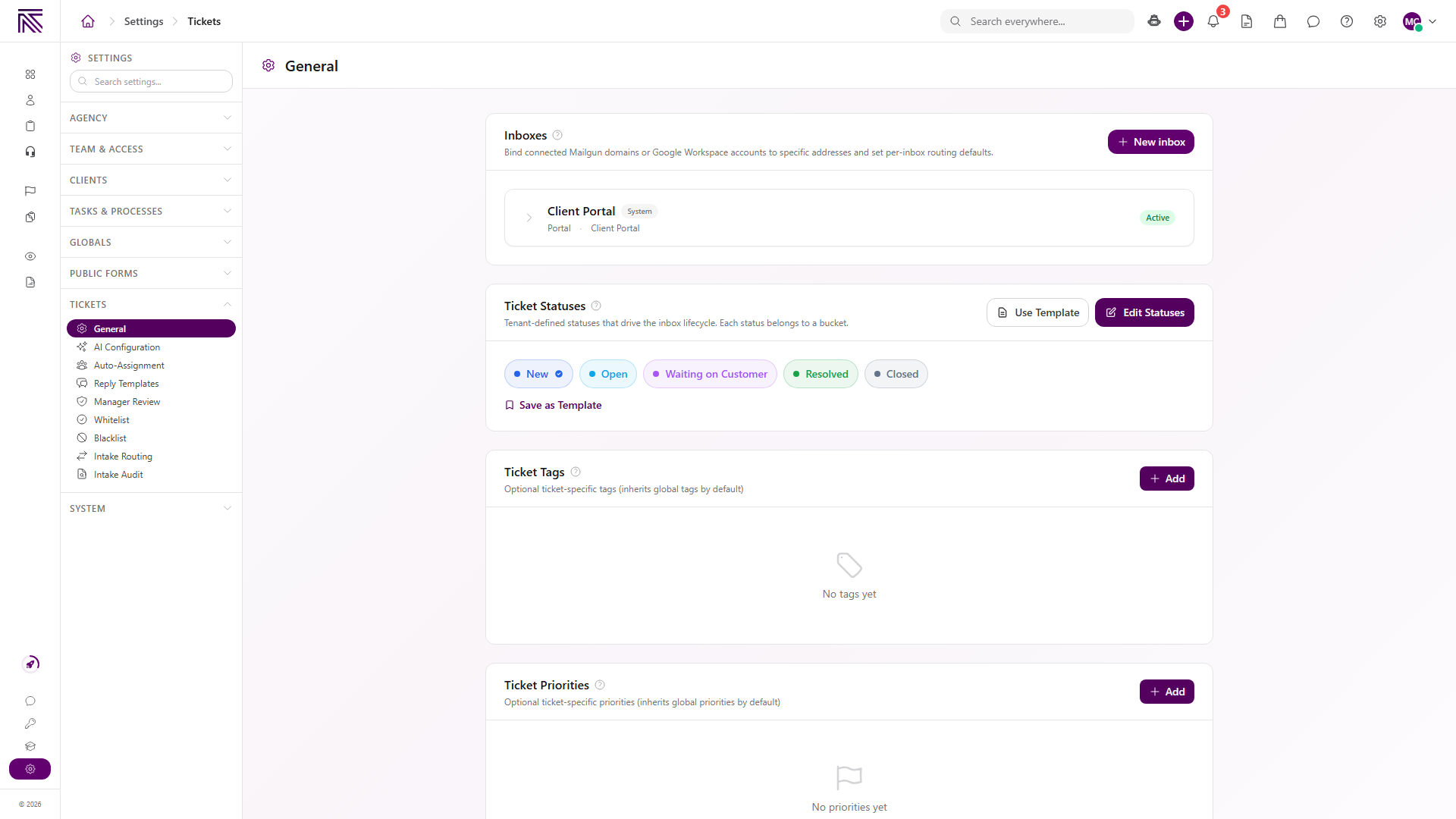 General ticket settings with Inboxes, Ticket Statuses, Ticket Tags, Ticket Priorities, and the Tickets settings navigation
