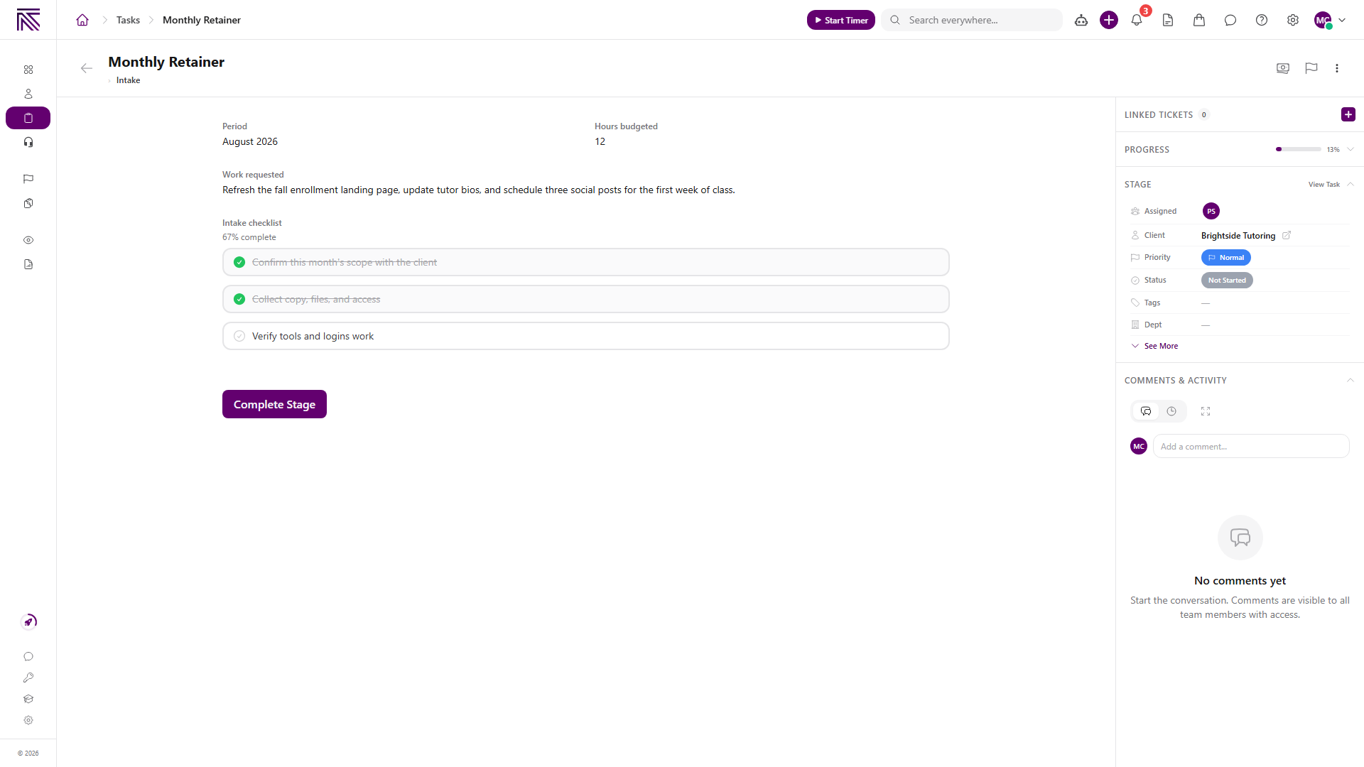 A task in Intake with period, hours, requested work, a checklist, the Complete Stage action, and sidebar details