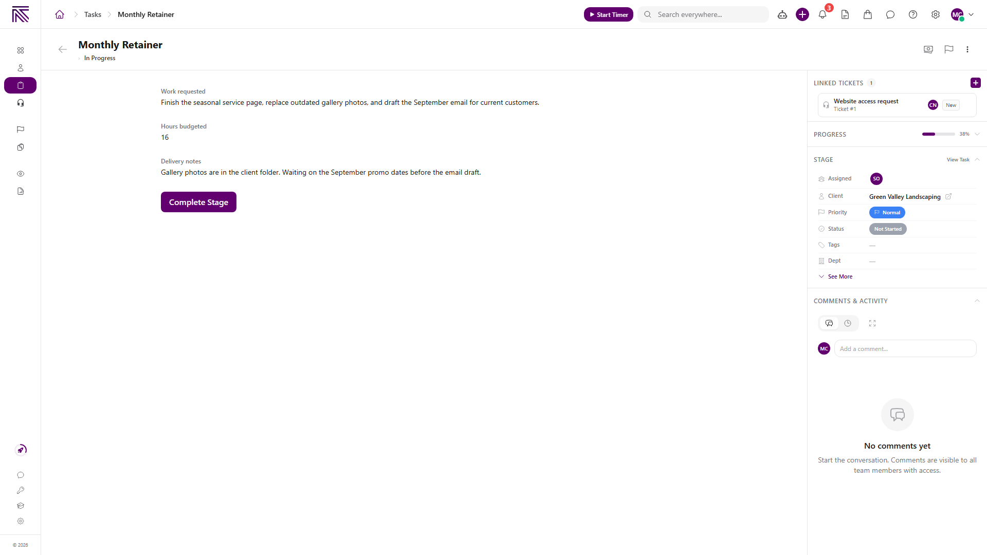 Task stage with requested work, hours, delivery notes, Complete Stage, and a linked ticket card