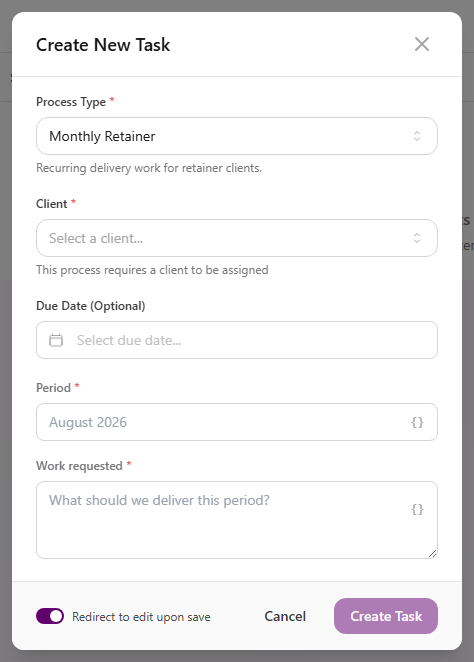 Create New Task form for Monthly Retainer with required client, period, and work requested fields