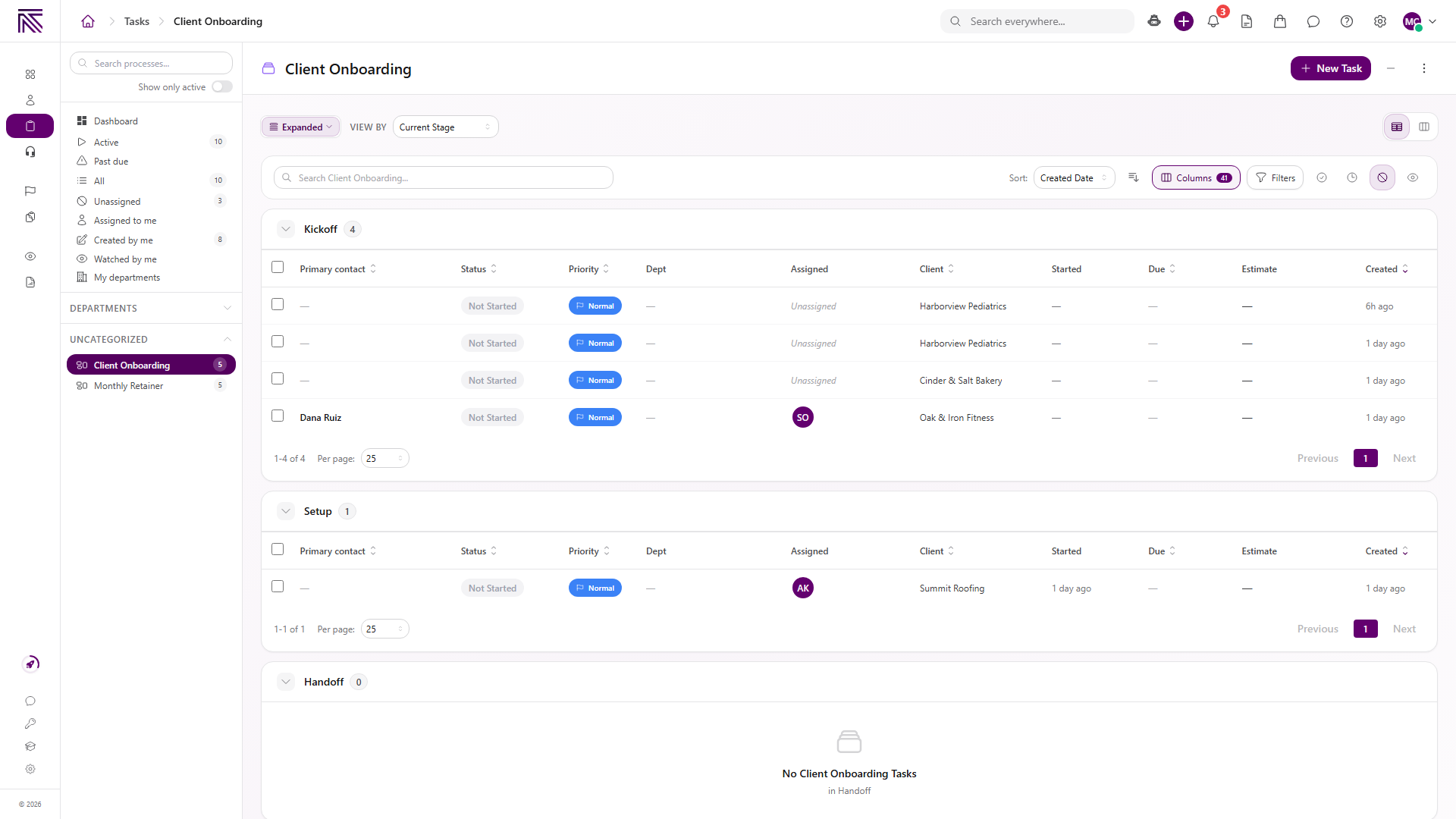 Process task list grouped by current stage, with table controls and task rows