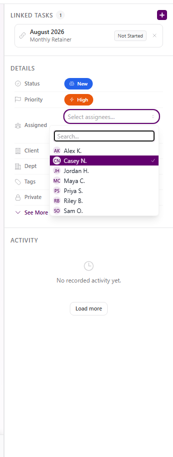Ticket details panel with Assigned open, showing eligible team members and the current assignee selected