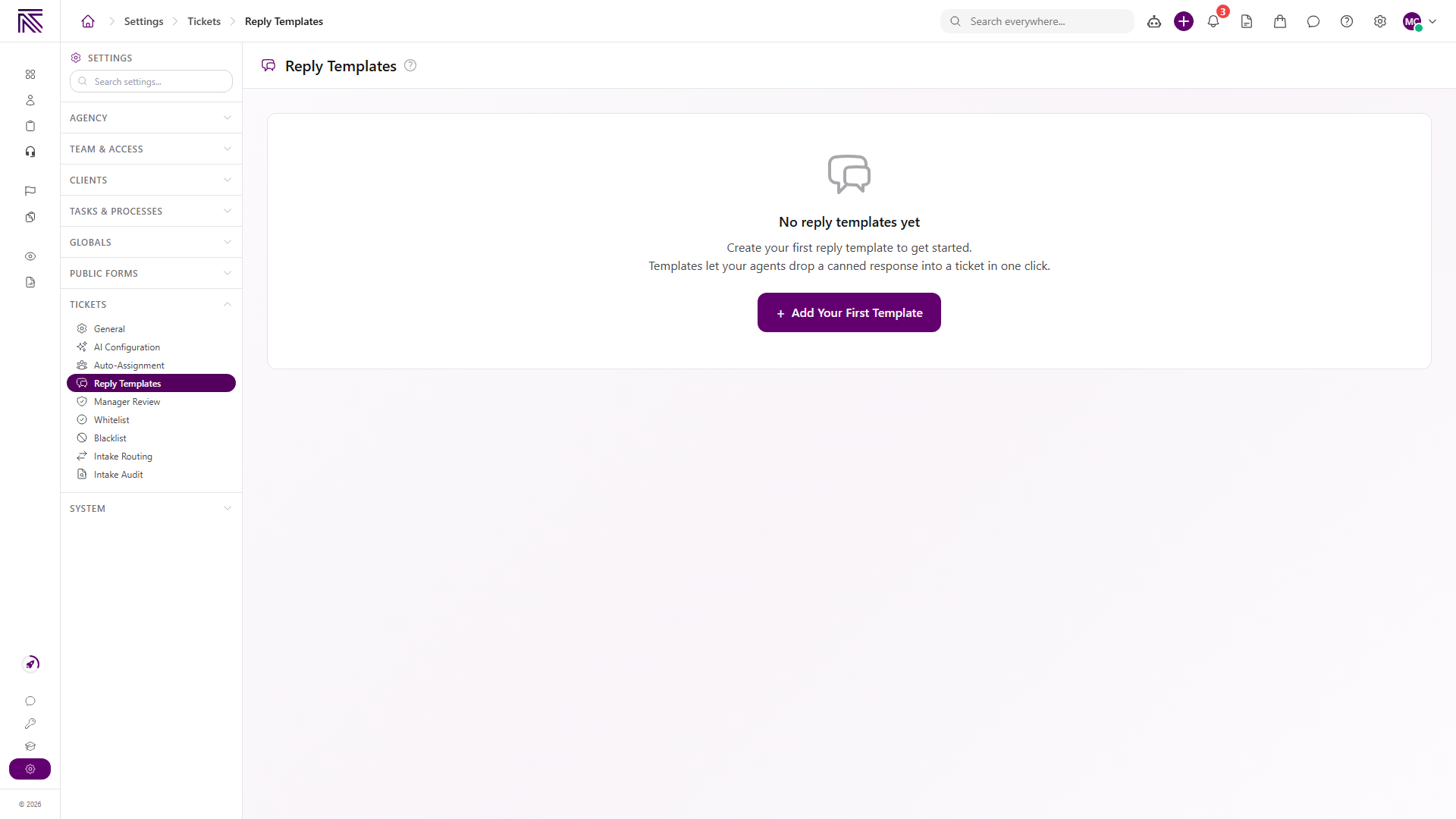 Ticket settings Reply Templates page with an empty state and Add Your First Template button