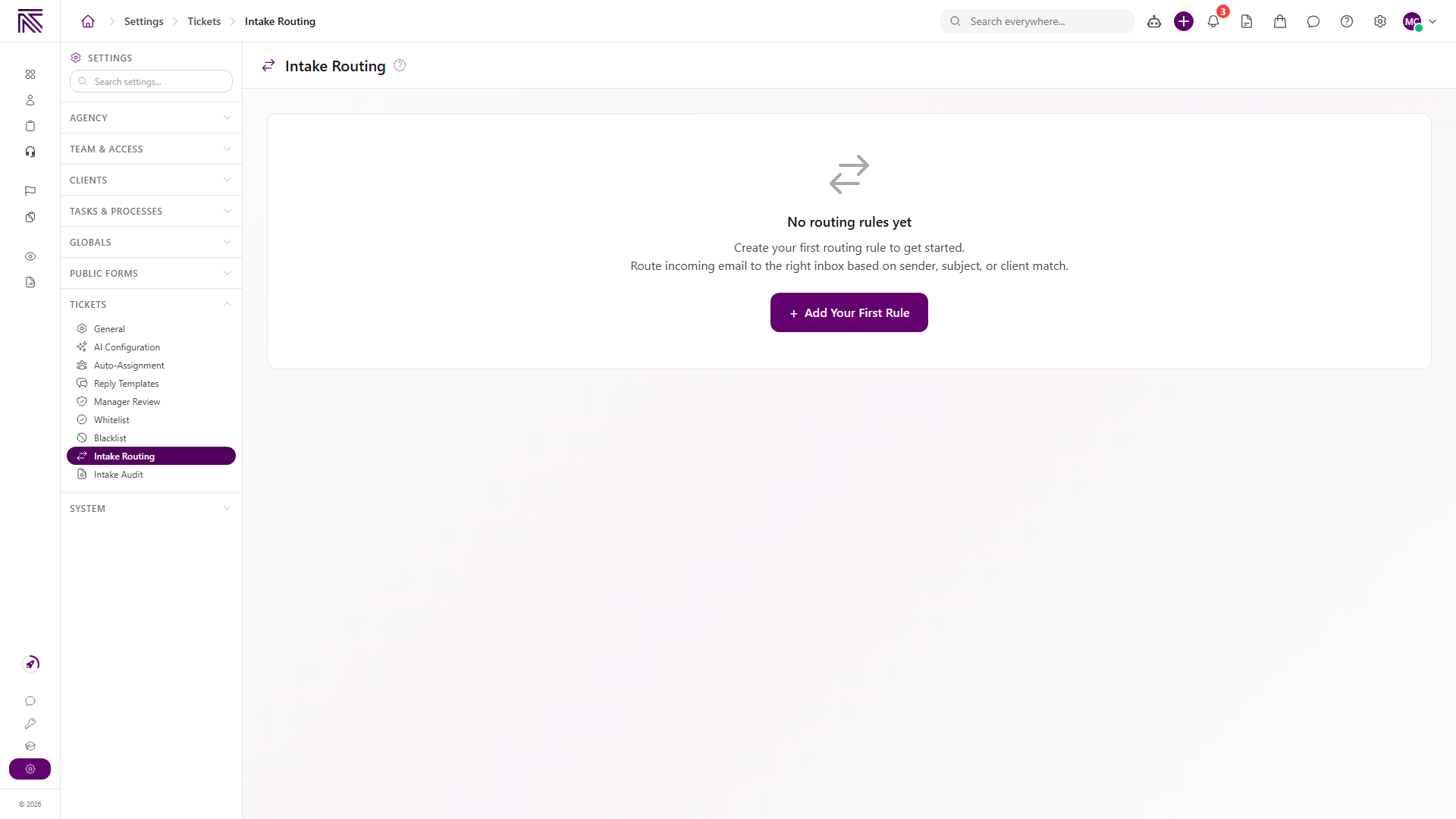 Ticket settings Intake Routing page with an empty state and Add Your First Rule button