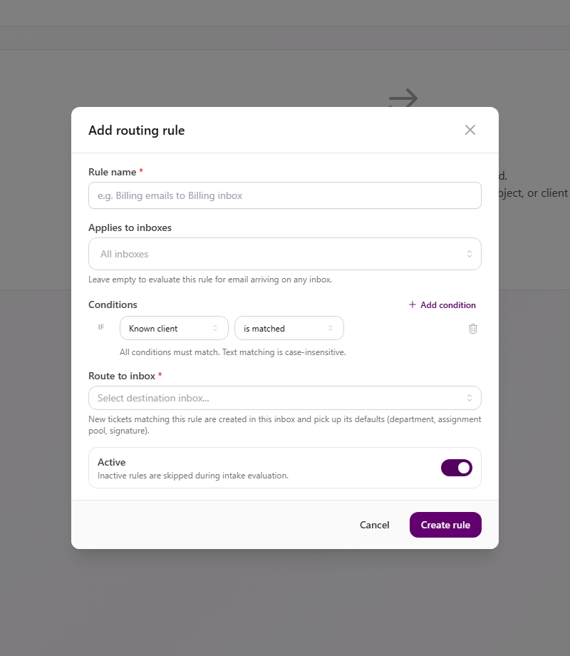 Add routing rule form with a generic rule name, all-inboxes scope, a Known client condition, an empty destination inbox picker, Active switch, and Create rule button