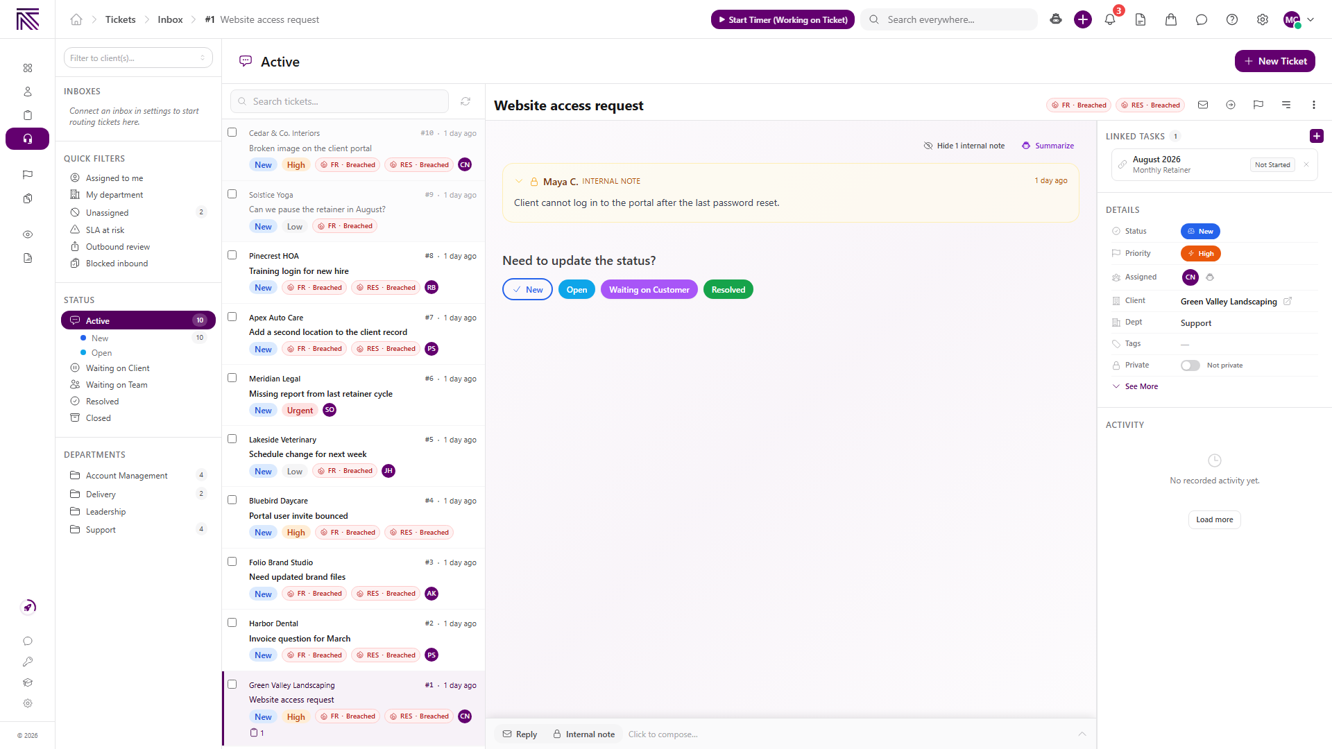 Tickets inbox with Unassigned selected, a search query entered, and one matching New ticket